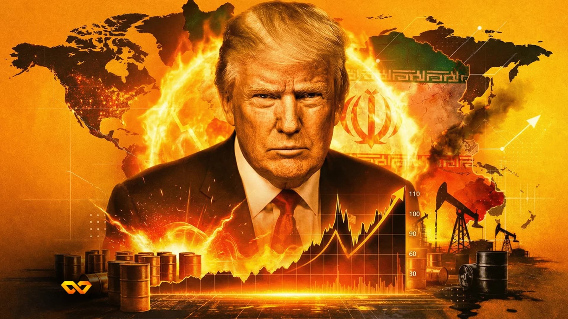 دونالد ترامب أمام خريطة عالم مشتعلة مع شعار إيران وبراميل نفط ومنصات حفر ومخطط أسهم صاعد.
