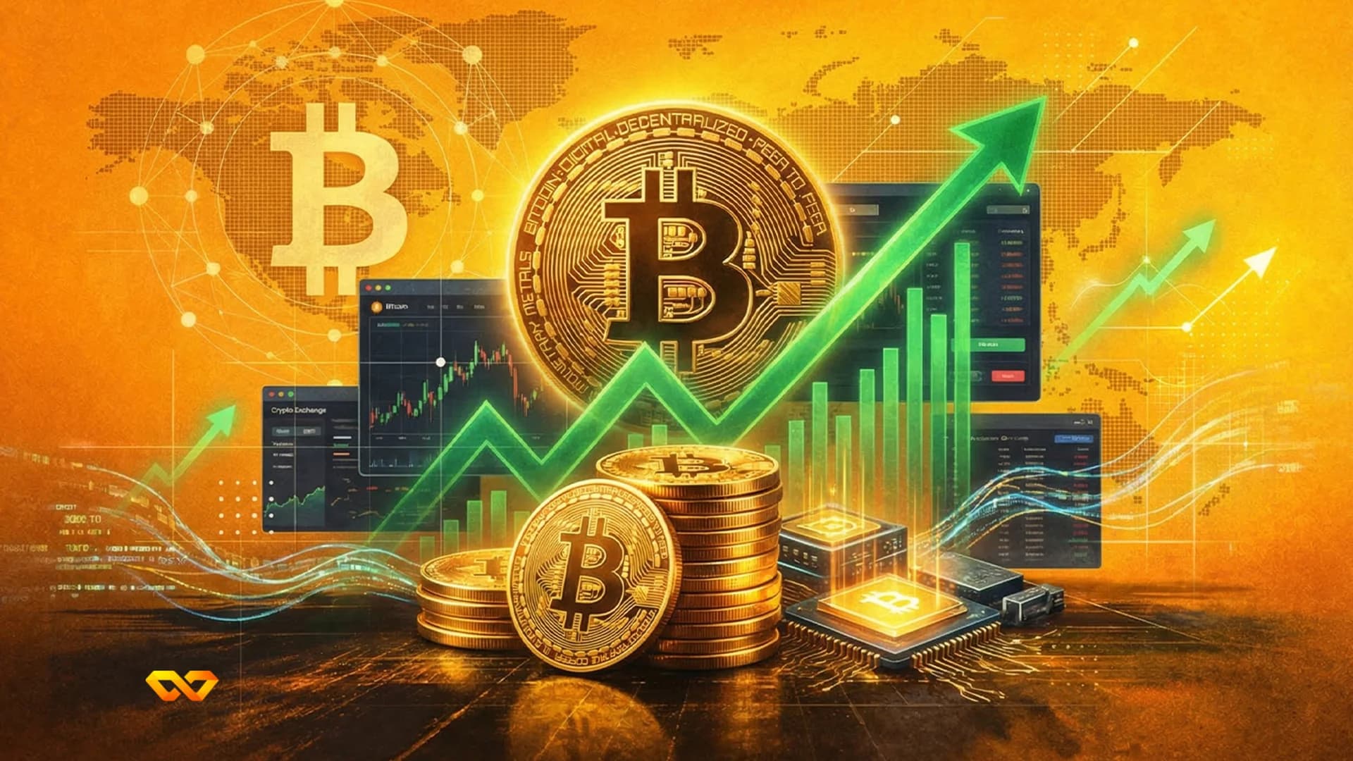 عملات بيتكوين ذهبية، رسوم بيانية رقمية، وأسهم خضراء صاعدة على خلفية خريطة عالمية برتقالية، تصور نمو العملات المشفرة.