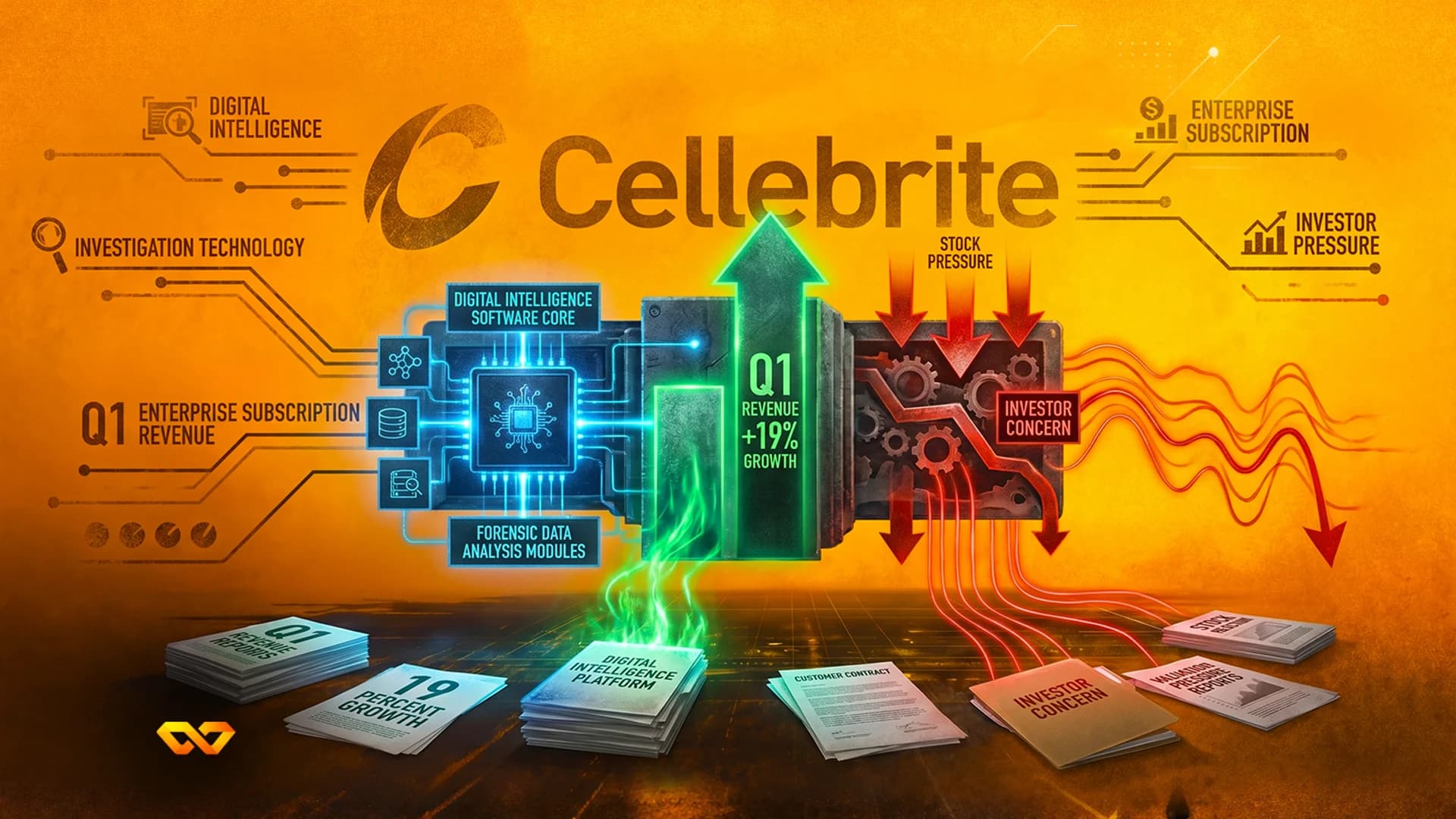 رسم بياني لشركة Cellebrite يظهر نمو إيرادات الربع الأول بسهم أخضر ومخاوف المستثمرين بأسهم حمراء هابطة.