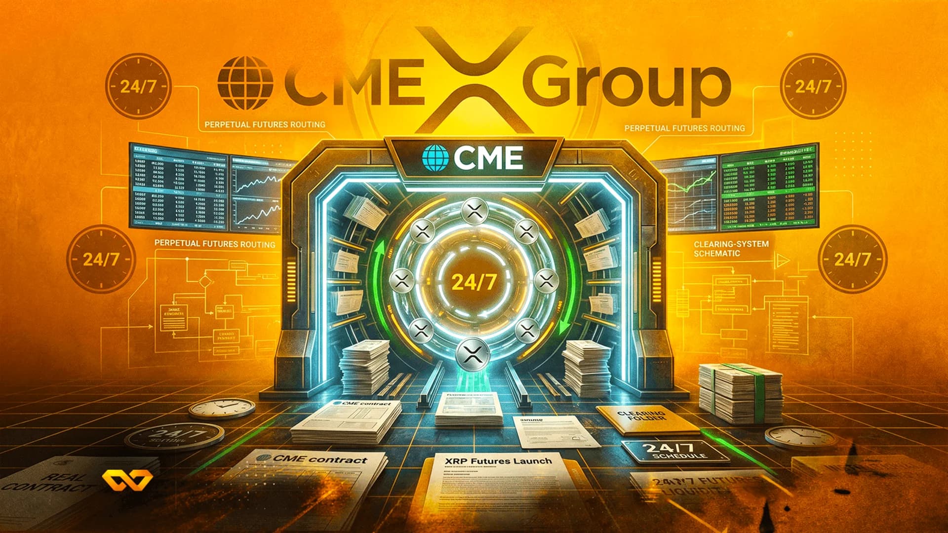 رسم توضيحي رقمي لبوابة مستقبلية مع شعارات XRP وعلامة CME Group التجارية محاطة برسوم بيانية وعقود ورقية.