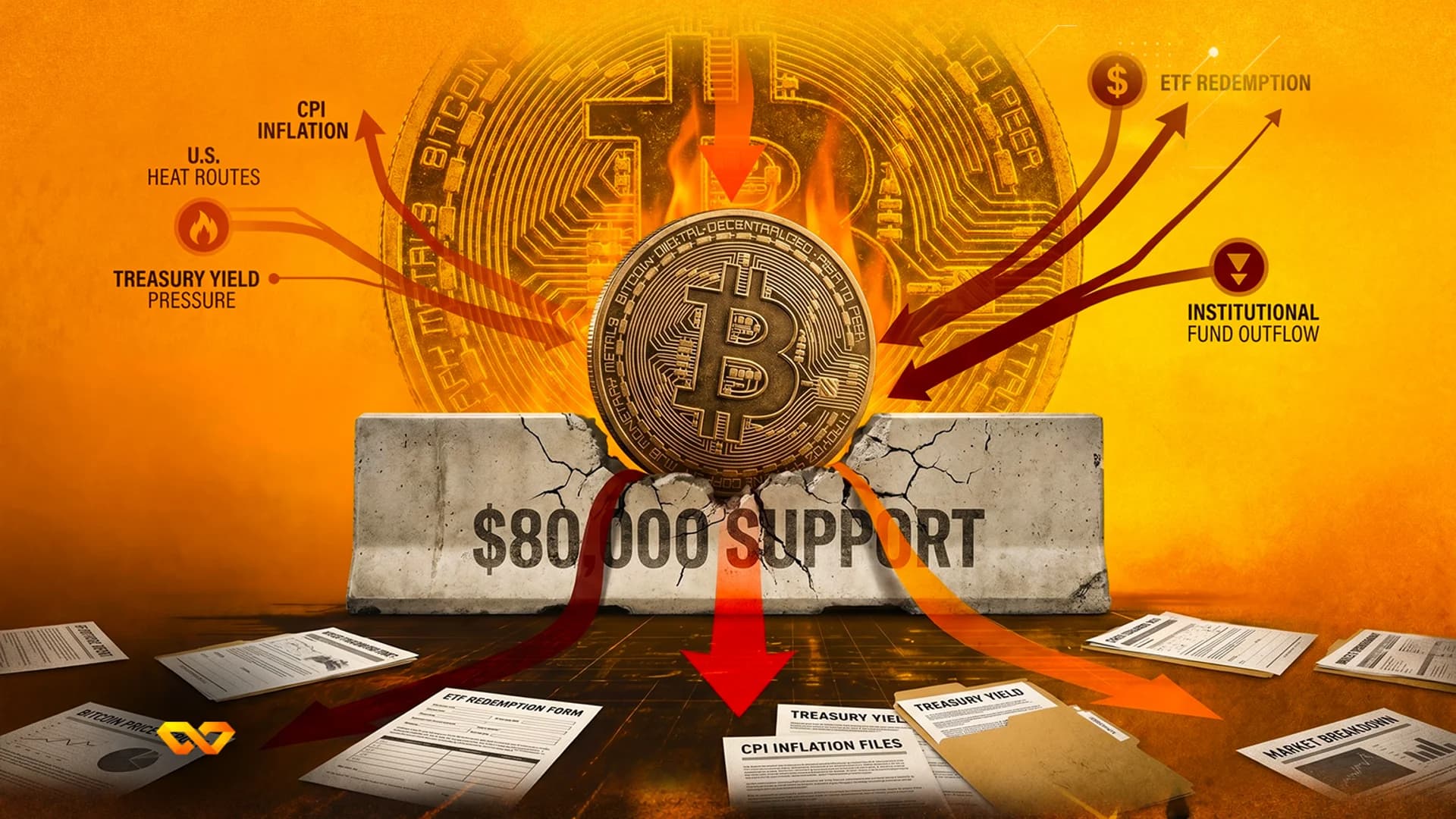 عملة بيتكوين مشتعلة فوق حاجز خرساني متصدع مكتوب عليه دعم 80,000 دولار وسط وثائق مالية.