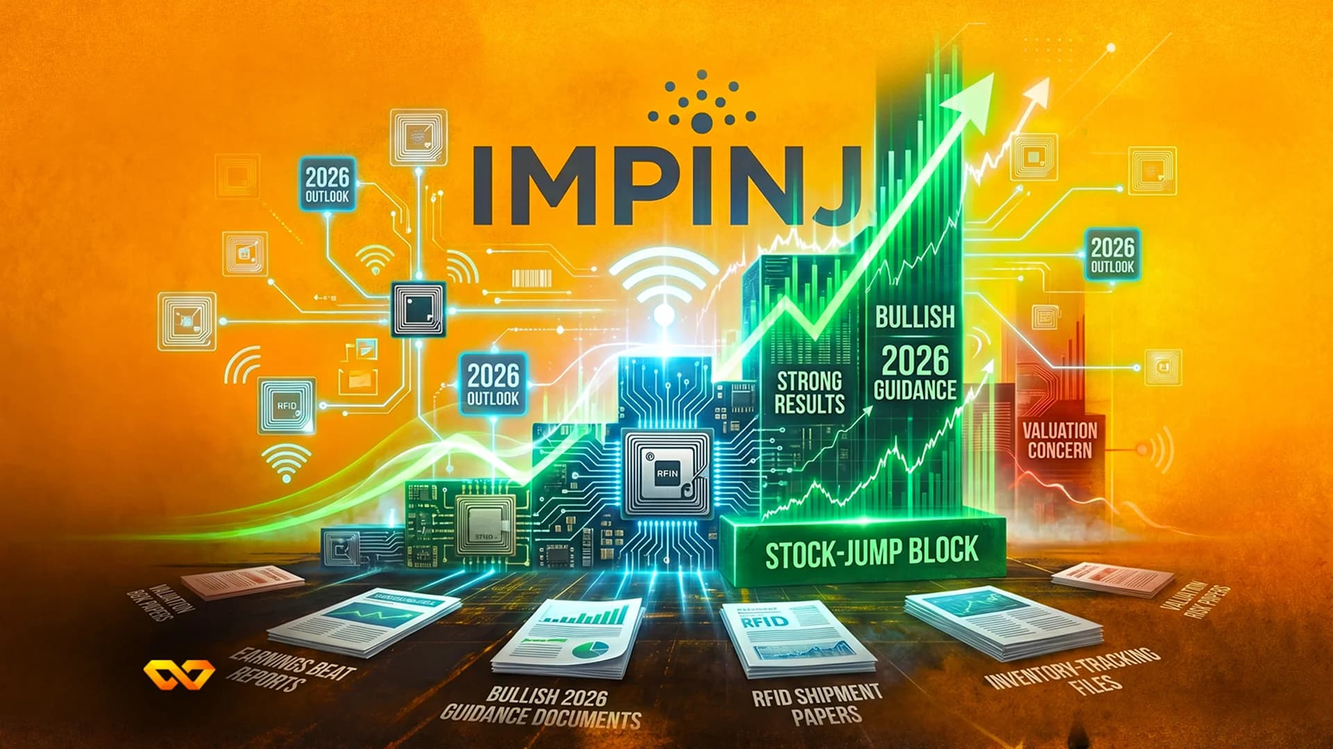 شعار شركة Impinj فوق رسم بياني أخضر متصاعد، مع رسومات لوحة دوائر ومستندات مالية على خلفية برتقالية.