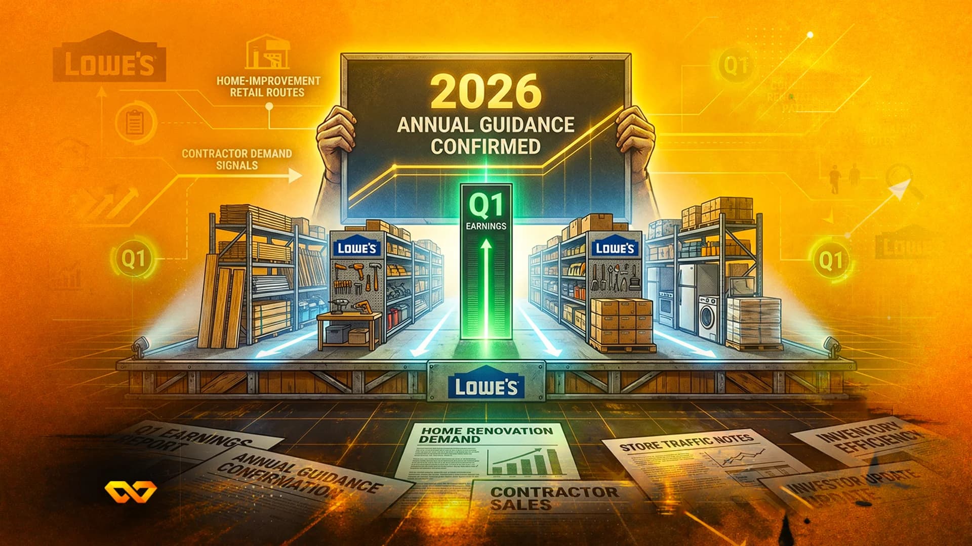 رسم توضيحي لمتجر لوز من الداخل مع شاشة تعرض توجيهات عام 2026 وسهم أخضر صاعد.