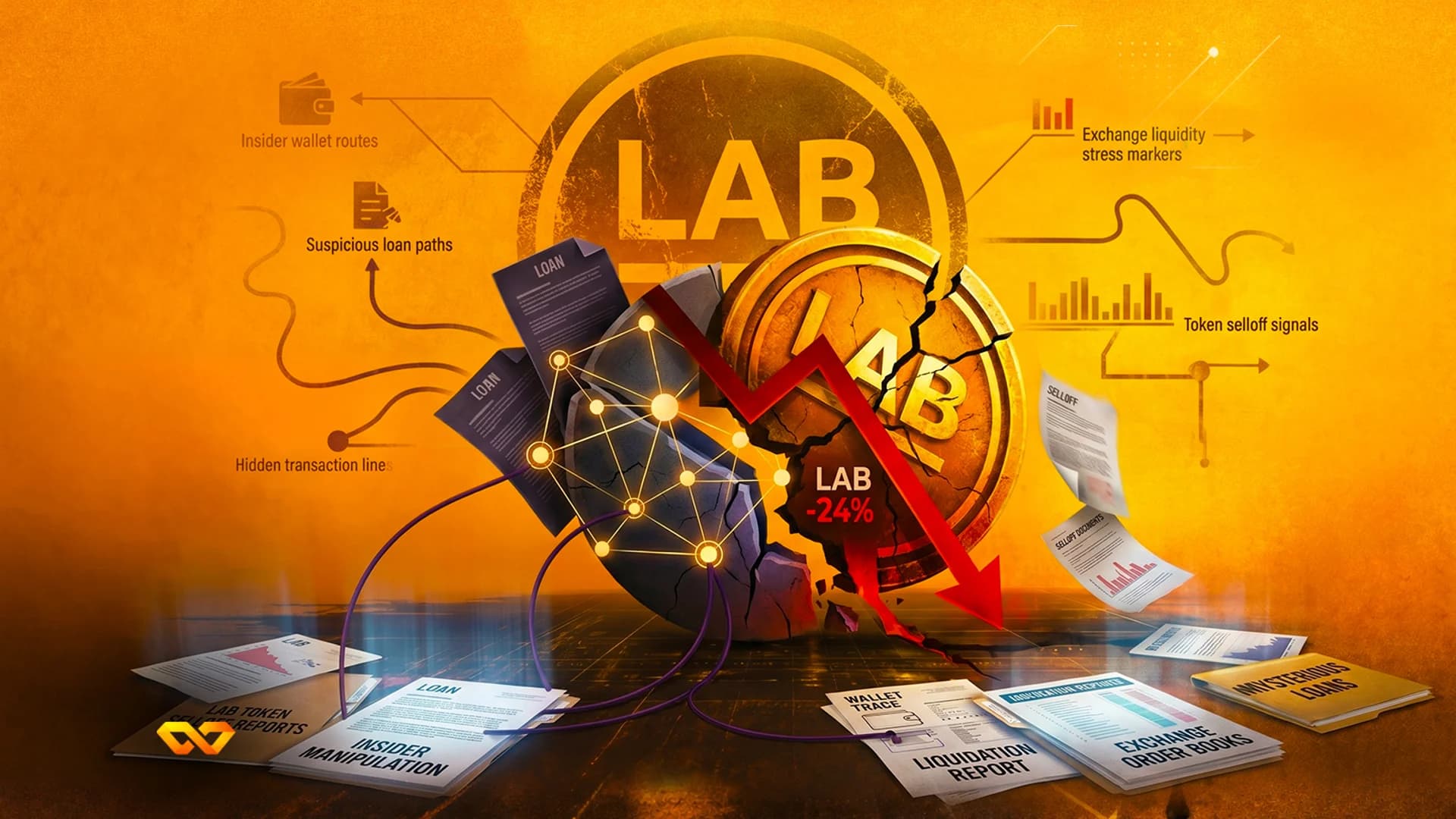 عملة ذهبية متصدعة تحمل شعار LAB مع سهم أحمر يتجه للأسفل ومستندات مالية مبعثرة على خلفية برتقالية.