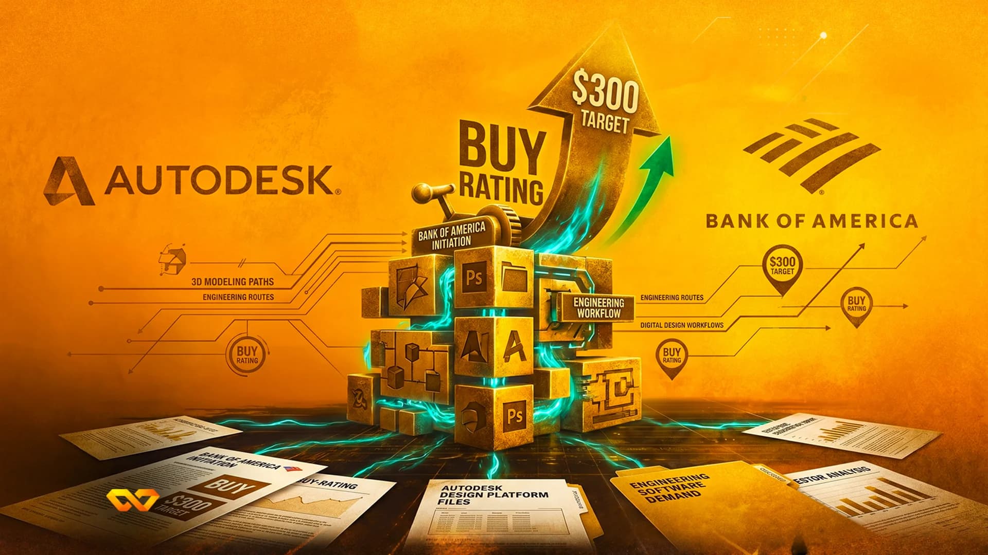 شعارا أوتوديسك وبنك أوف أمريكا مع سهم لسعر مستهدف 300 دولار ومكعبات برمجية ثلاثية الأبعاد على خلفية برتقالية.