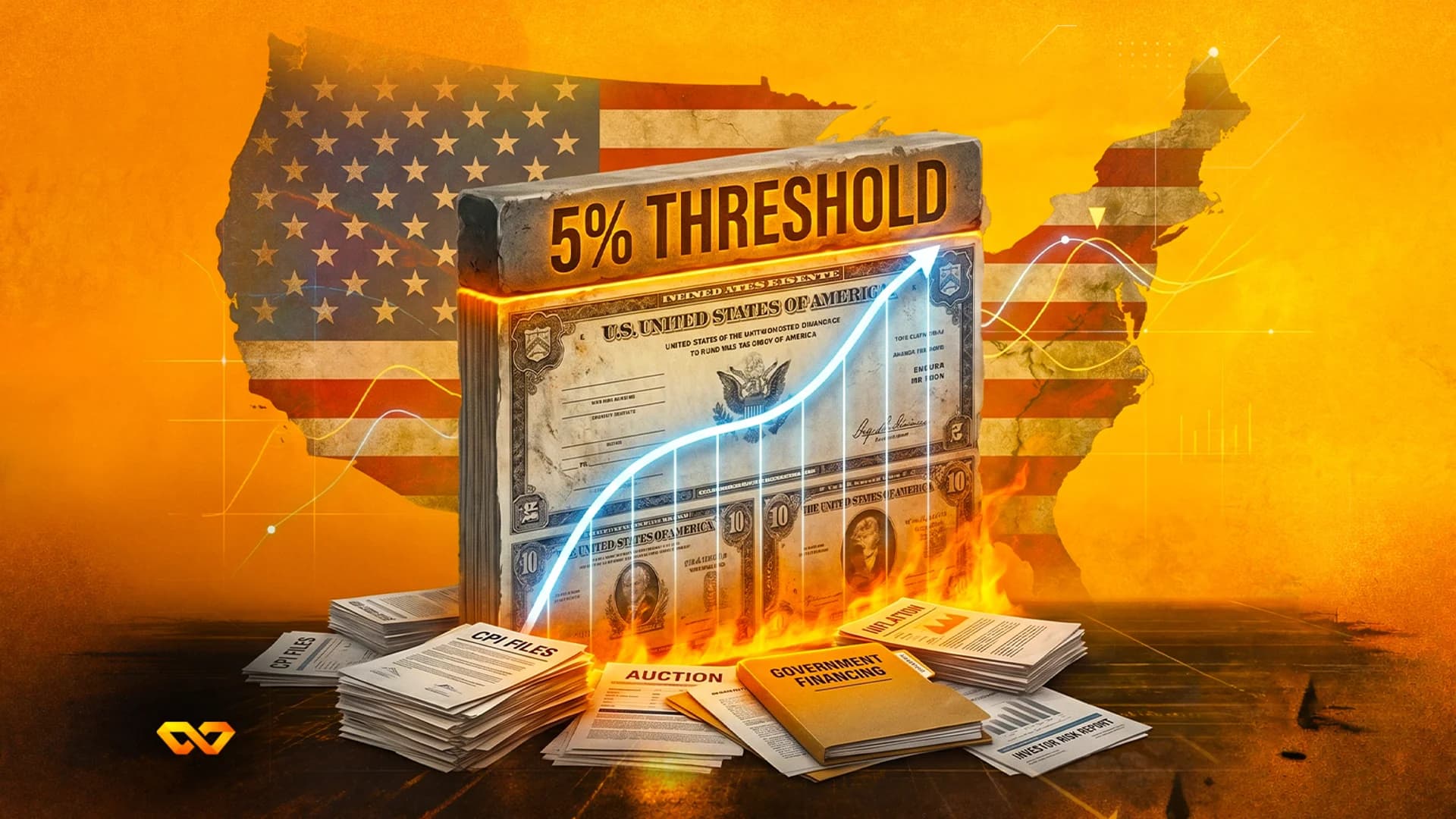 رسم توضيحي لكتلة '5% THRESHOLD' فوق سندات أمريكية مع رسم بياني صاعد، أمام خريطة بعلم أمريكا وأوراق تحترق.
