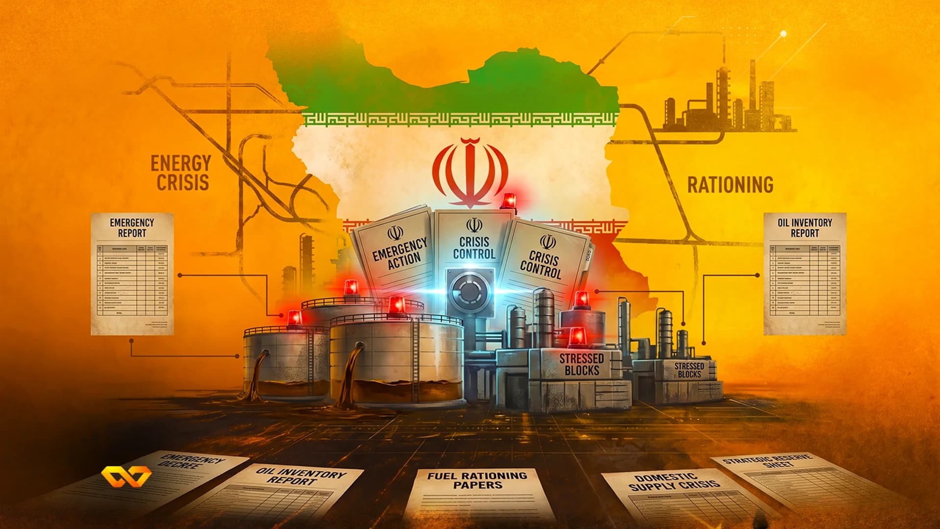 رسم بياني يظهر خريطة إيران مع علمها، وخزانات نفط مسربة، وأوراق تحمل تسميات تقرير الطوارئ وتقنين الوقود.
