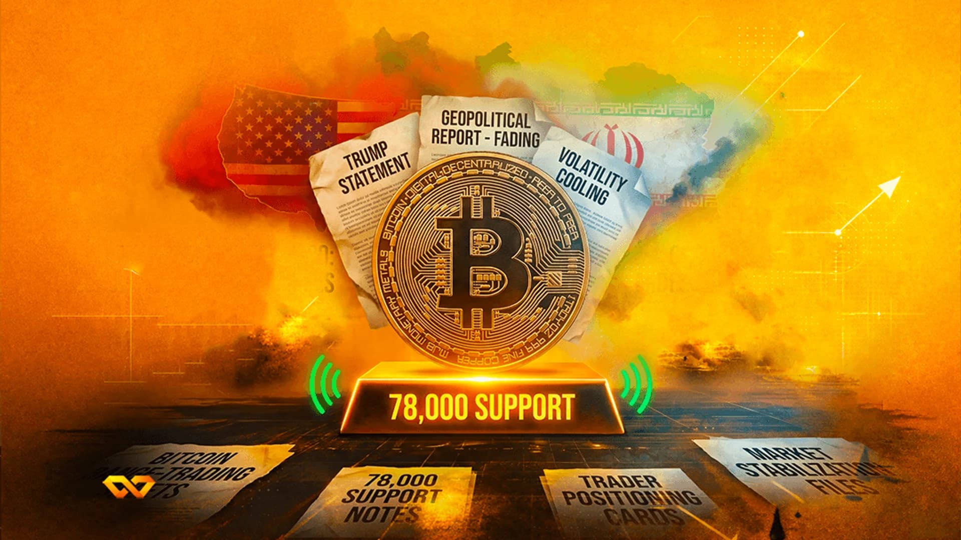 عملة بيتكوين تتوسط سبيكة ذهبية مكتوب عليها 78,000 SUPPORT، مع أعلام الولايات المتحدة وإيران في خلفية برتقالية ضبابية.