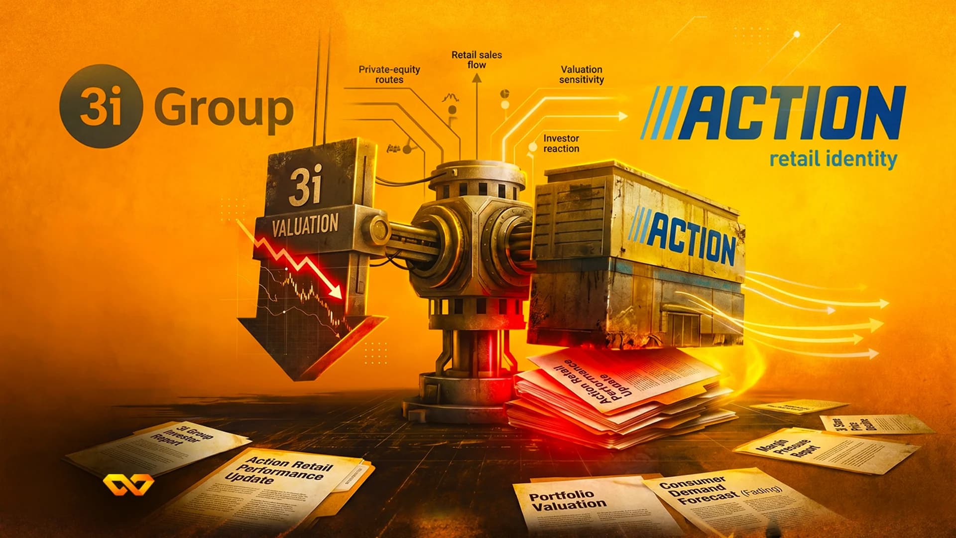 رسم توضيحي لجهاز ميكانيكي يربط تقييم مجموعة 3i مع شركة Action، محاطاً بتقارير مالية.
