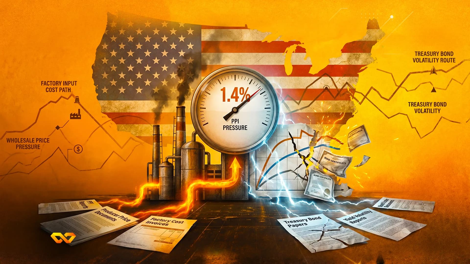 رسم لمقياس ضغط PPI بنسبة 1.4% فوق خريطة علم أمريكا، مع دخان مصانع وأوراق سندات ورسوم بيانية متطايرة.
