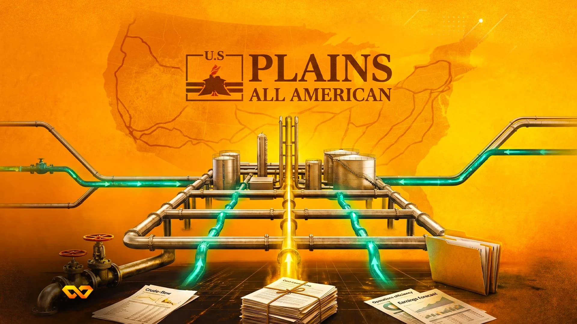 شعار Plains All American فوق خريطة الولايات المتحدة مع خطوط أنابيب نفط وخزانات ومستندات مالية.