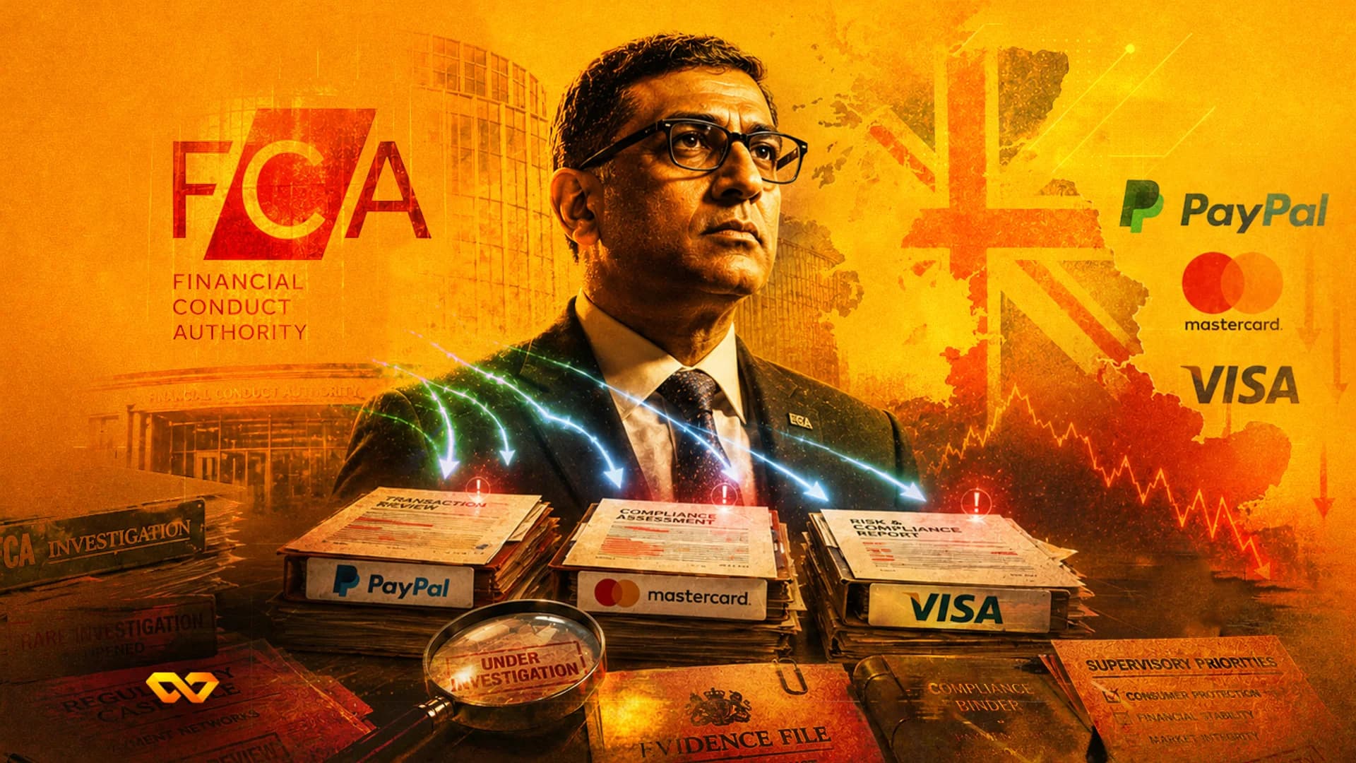رجل يرتدي بدلة محاط بشعارات FCA وPayPal وMastercard وVisa، مع ملفات وعدسة مكبرة.