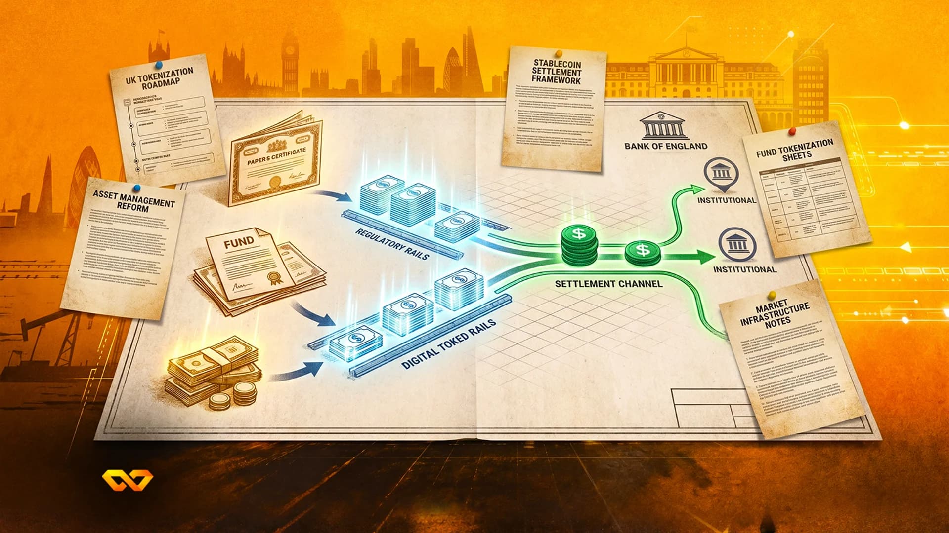 مخطط معلومات بياني يظهر مسارات مالية ومستندات وشعار بنك إنجلترا مقابل أفق مدينة لندن باللون البرتقالي.