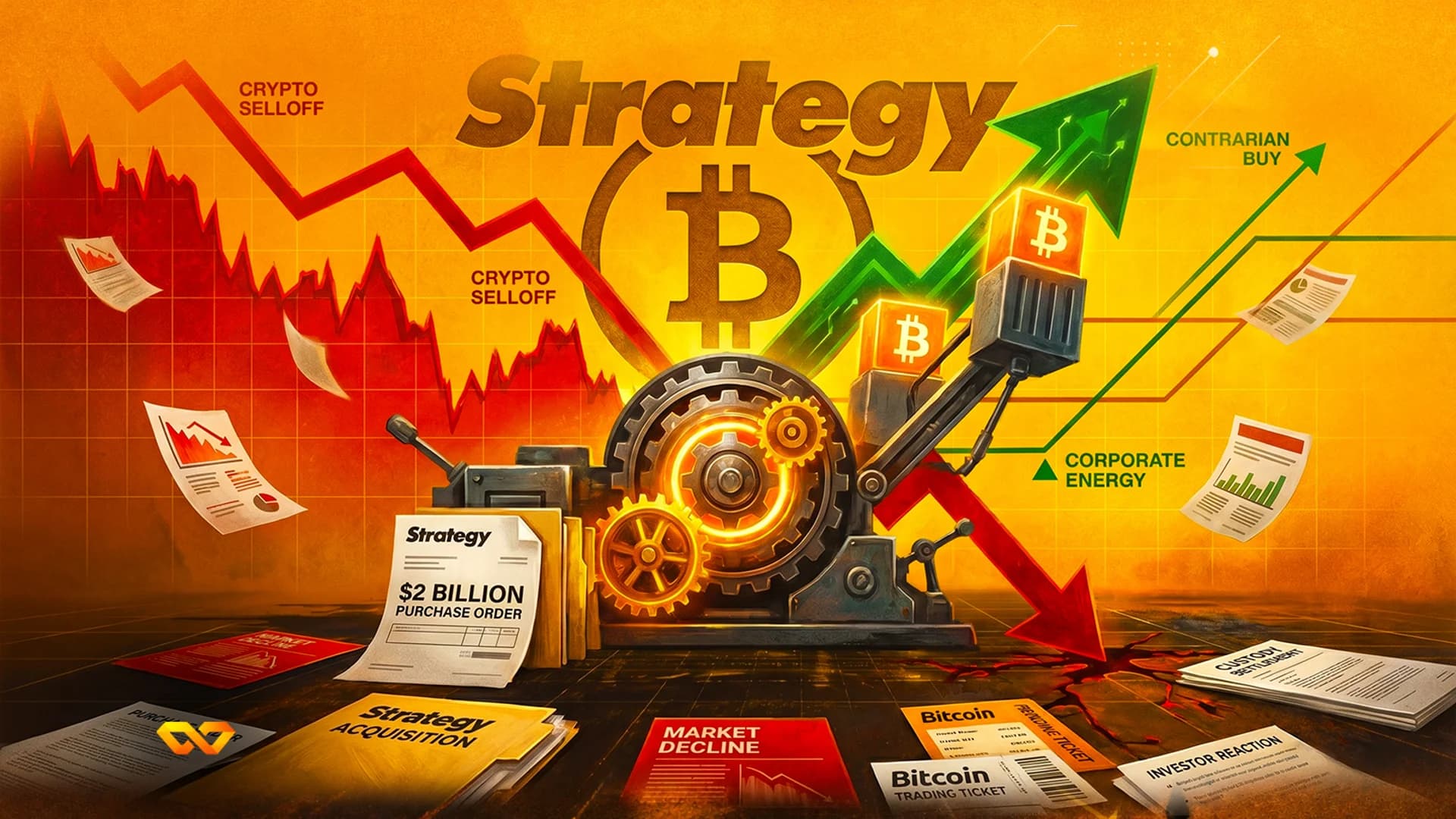 رسم توضيحي لآلة ميكانيكية مع شعارات بيتكوين ورسوم بيانية ومستندات تحمل علامة 'Strategy' وطلب شراء.