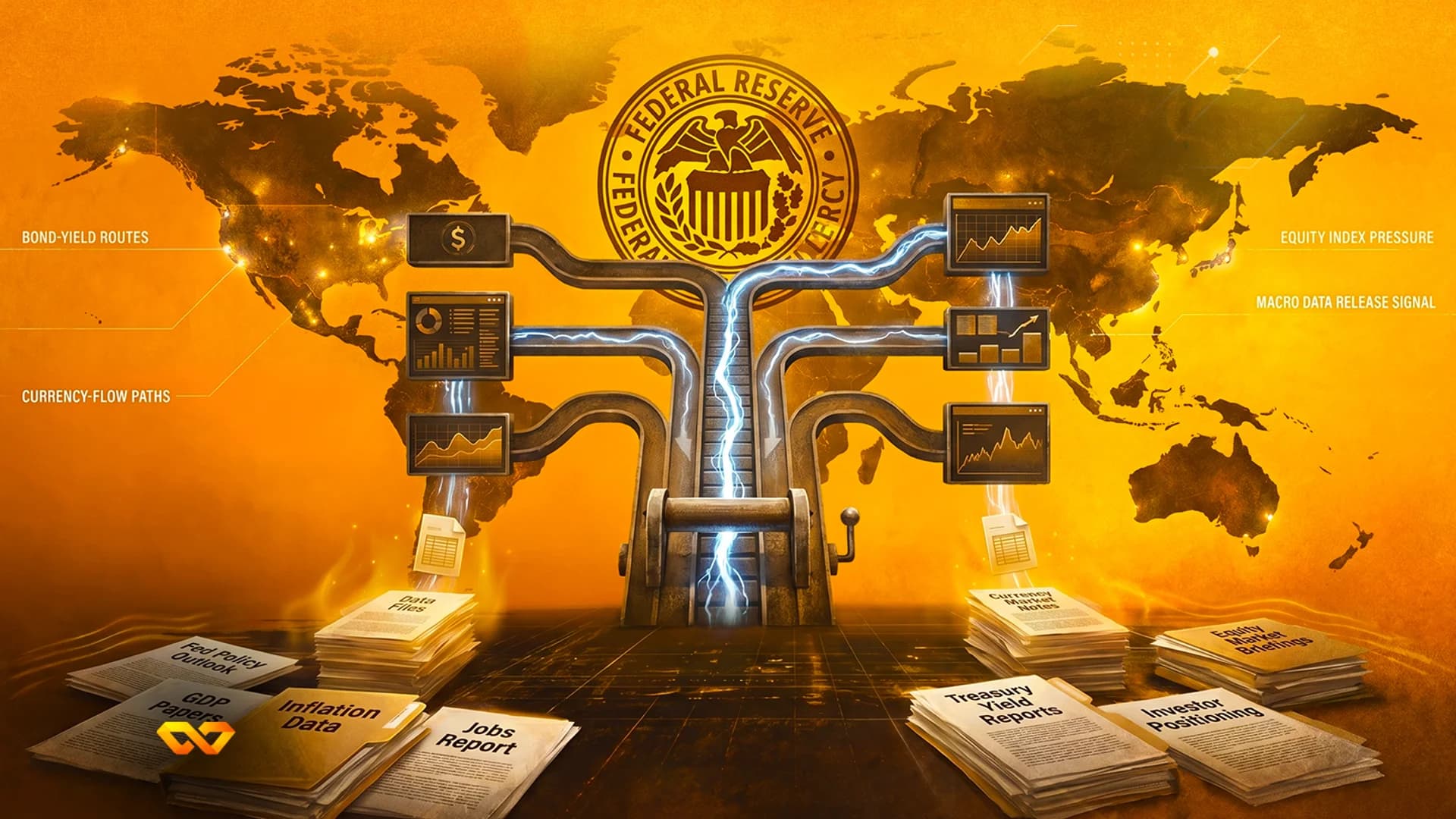 ختم الاحتياطي الفيدرالي فوق خريطة العالم مع وثائق بيانات اقتصادية ورسوم بيانية رقمية متصلة بصواعق طاقة.