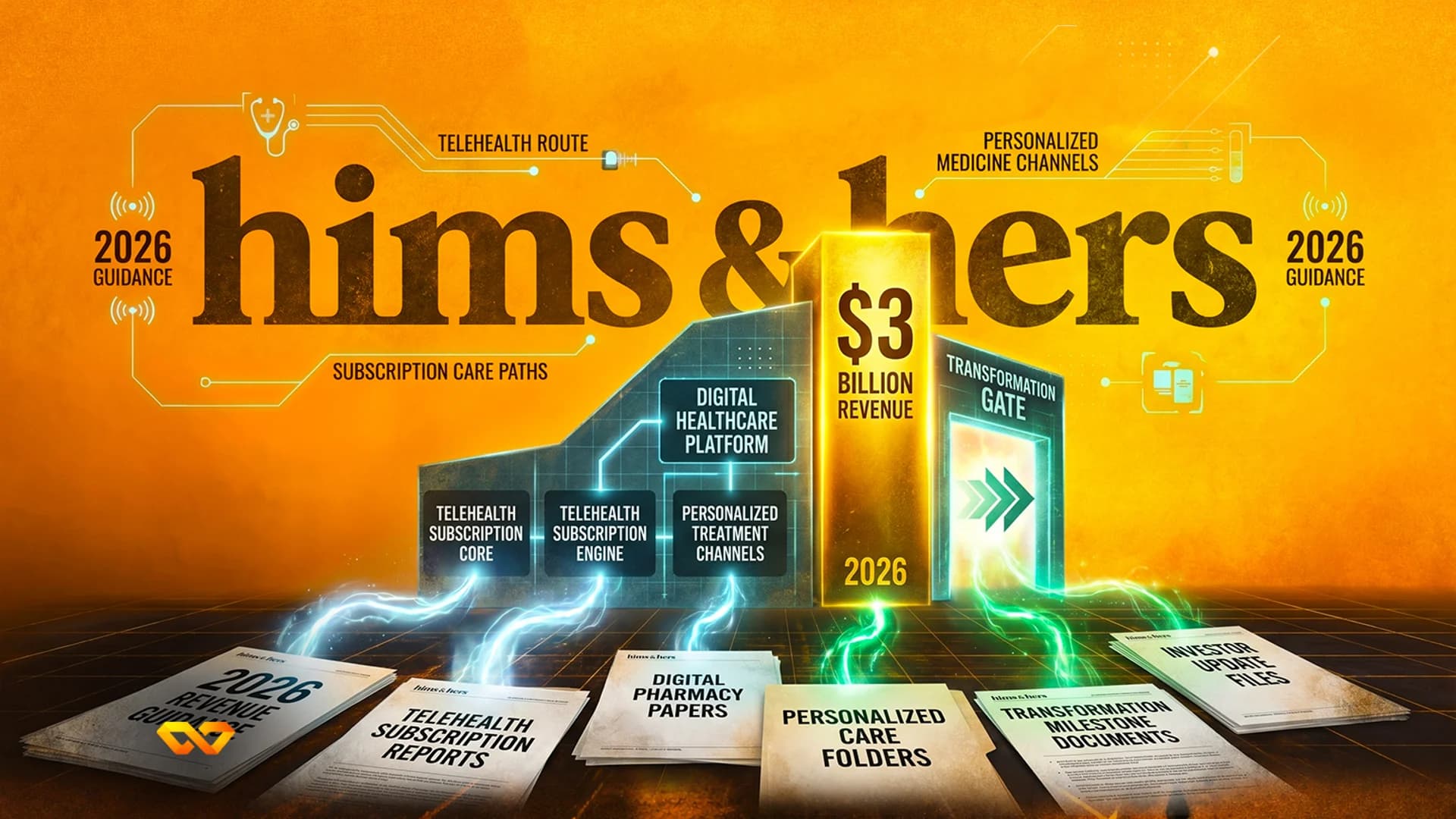 شعار Hims & Hers فوق مشهد رقمي مع عمود ذهبي يمثل إيرادات بقيمة 3 مليارات دولار ومستندات مالية.