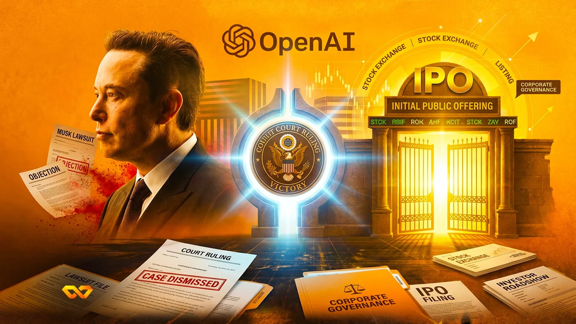 صورة لإيلون ماسك بجانب شعار OpenAI وبوابة ذهبية مكتوب عليها IPO، مع وثائق قانونية في المقدمة.