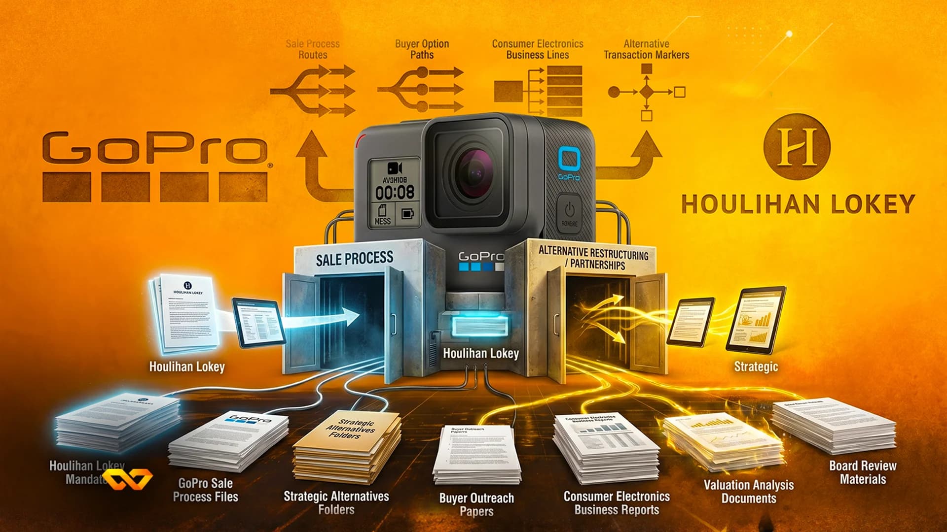رسم توضيحي لكاميرا GoPro وشعار Houlihan Lokey مع أكوام من المستندات المالية على خلفية برتقالية.
