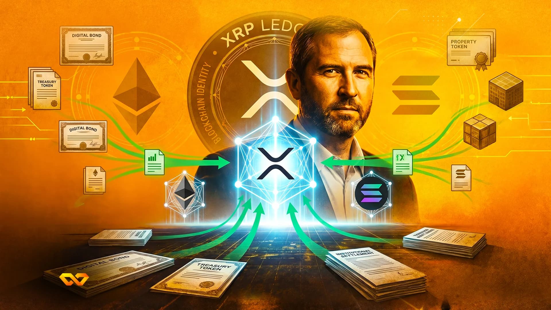 صورة لبراد غارلينغهاوس مع شعارات ريبل وإيثيريوم وسولانا وشهادات أصول رقمية على خلفية برتقالية.