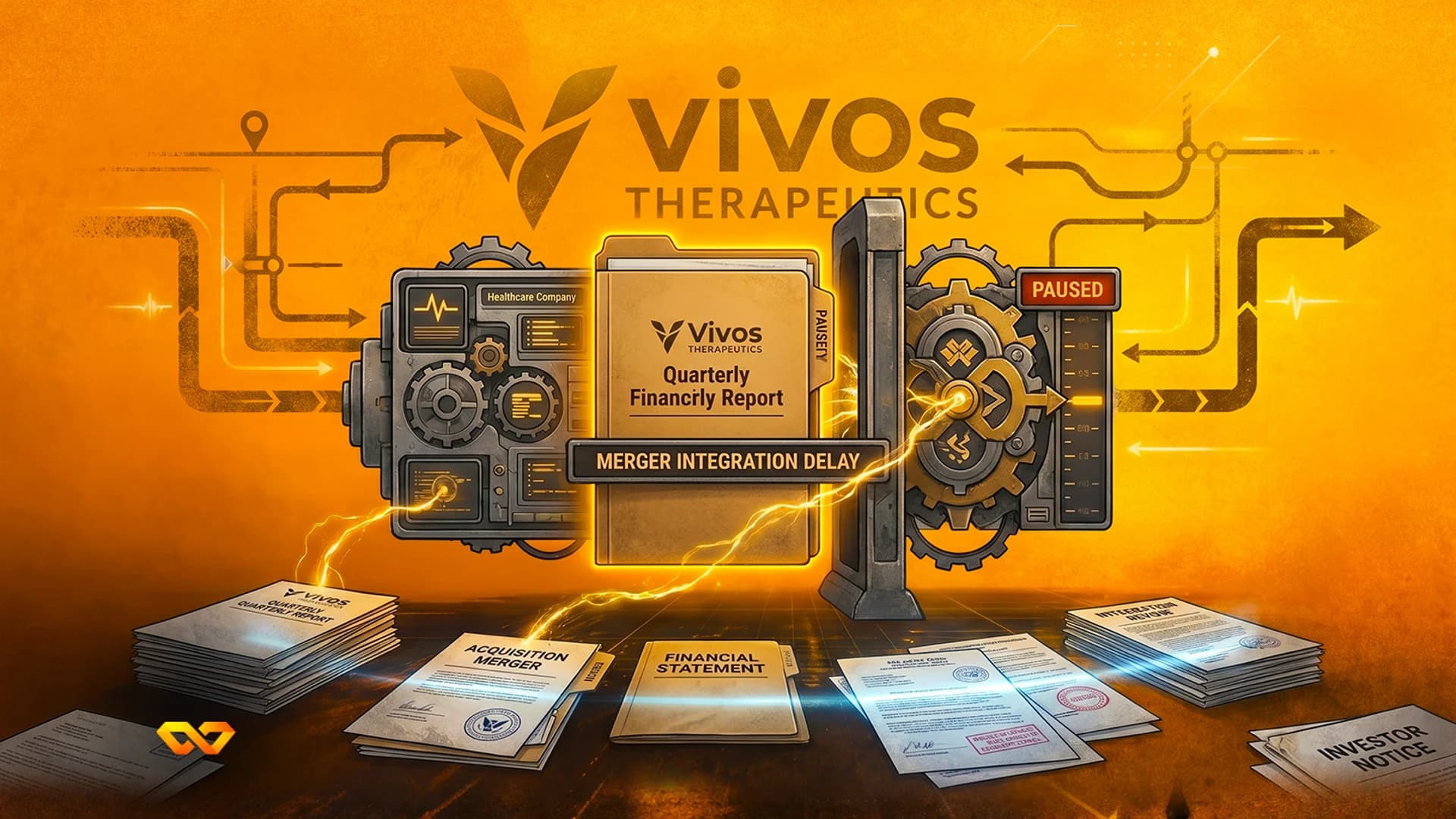 رسم توضيحي برتقالي لمجلد Vivos Therapeutics مع لافتة 'تأخير تكامل الاندماج' وتروس ميكانيكية.
