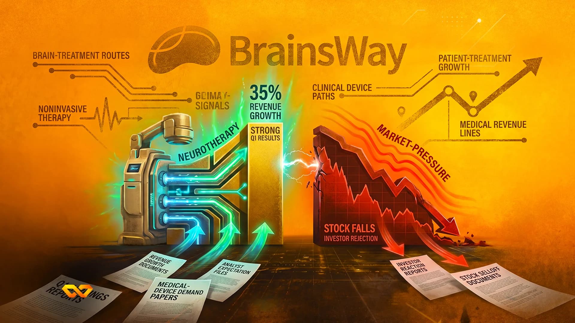 رسم بياني يظهر شعار BrainsWay، وجهاز طبي مع أسهم خضراء صاعدة، ورسم بياني أحمر هابط.