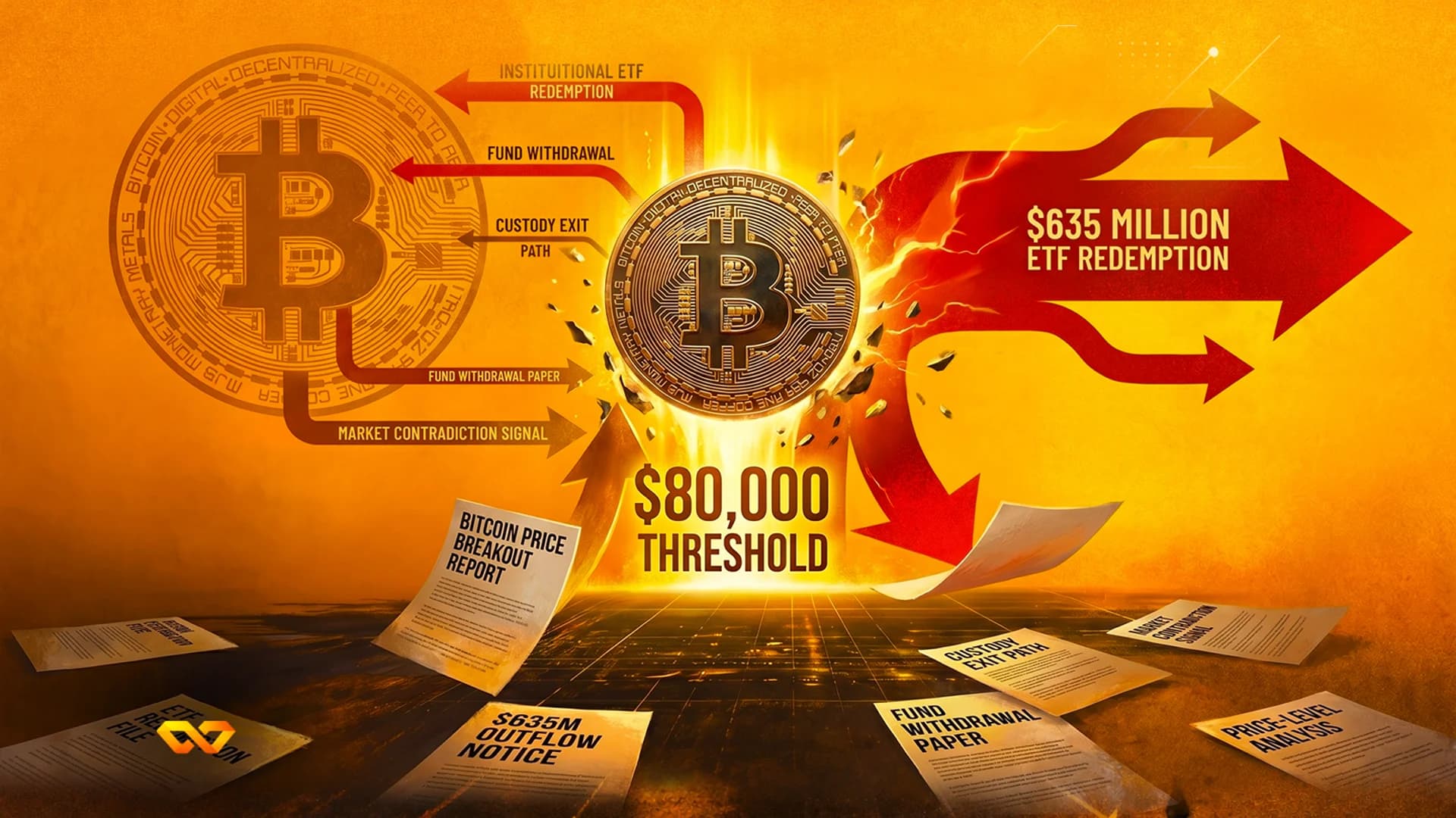 عملة بيتكوين مشتعلة تخترق سطحاً مع أسهم حمراء ووثائق مالية متناثرة على خلفية برتقالية.