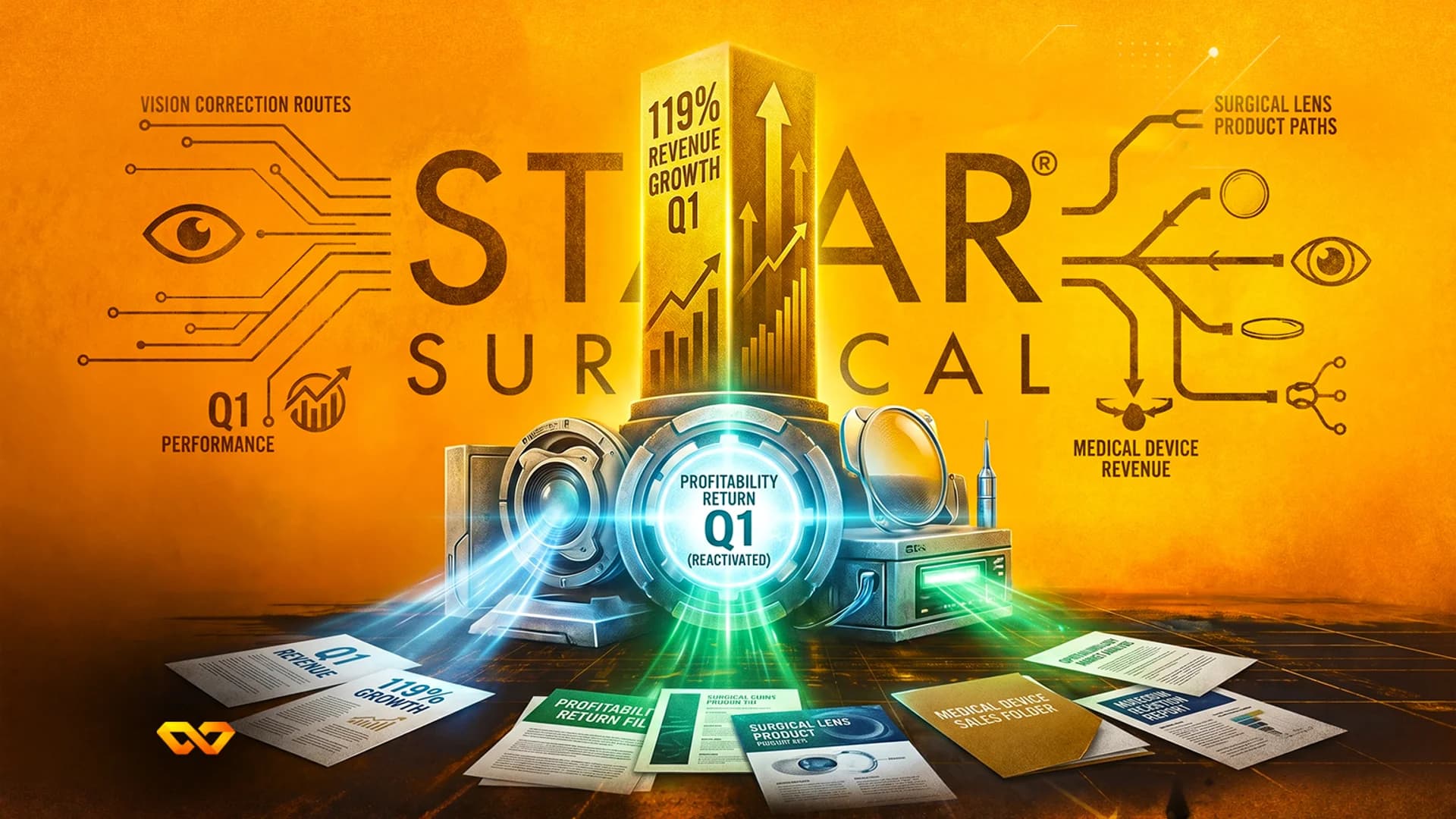 رسوم توضيحية مستقبلية باللونين البرتقالي والذهبي لشركة Star Surgical، تتميز بنواة زرقاء متوهجة وعمود نمو ومستندات متناثرة.