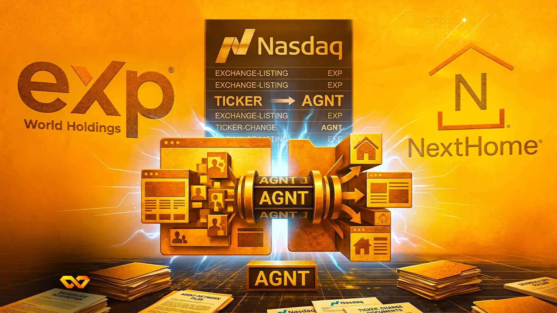 رسم ذهبي يضم شعاري eXp World Holdings وNextHome، وتغيير رمز ناسداك إلى AGNT، مع أكوام من المستندات.