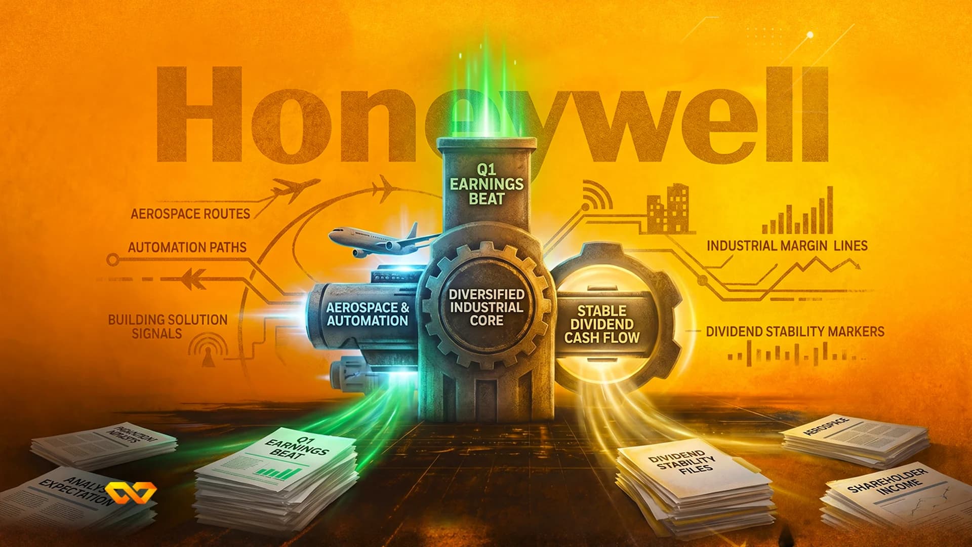 رسم توضيحي صناعي مع نص Honeywell وتروس وأيقونات طائرات وأكوام من المستندات المالية على خلفية برتقالية.