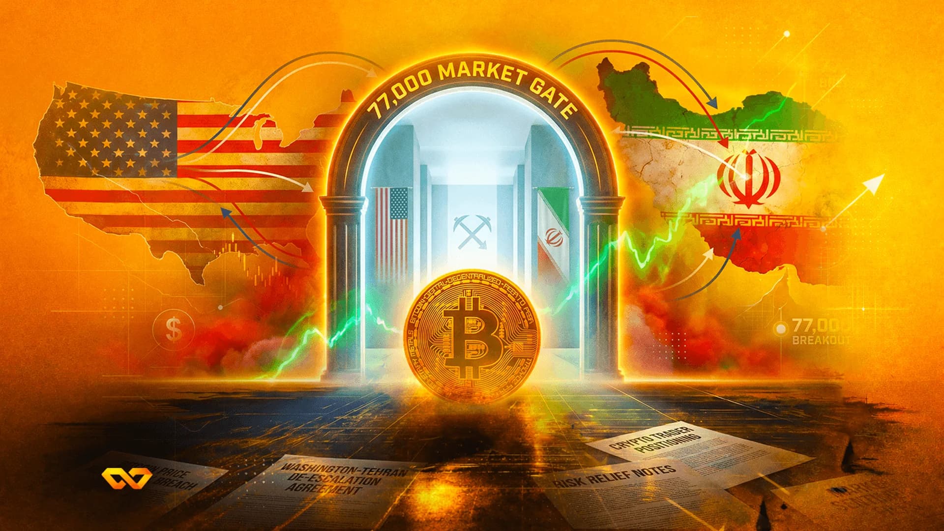 عملة بيتكوين في بوابة ذهبية بين خريطتي الولايات المتحدة وإيران مع أعلام وخط سعر أخضر صاعد.