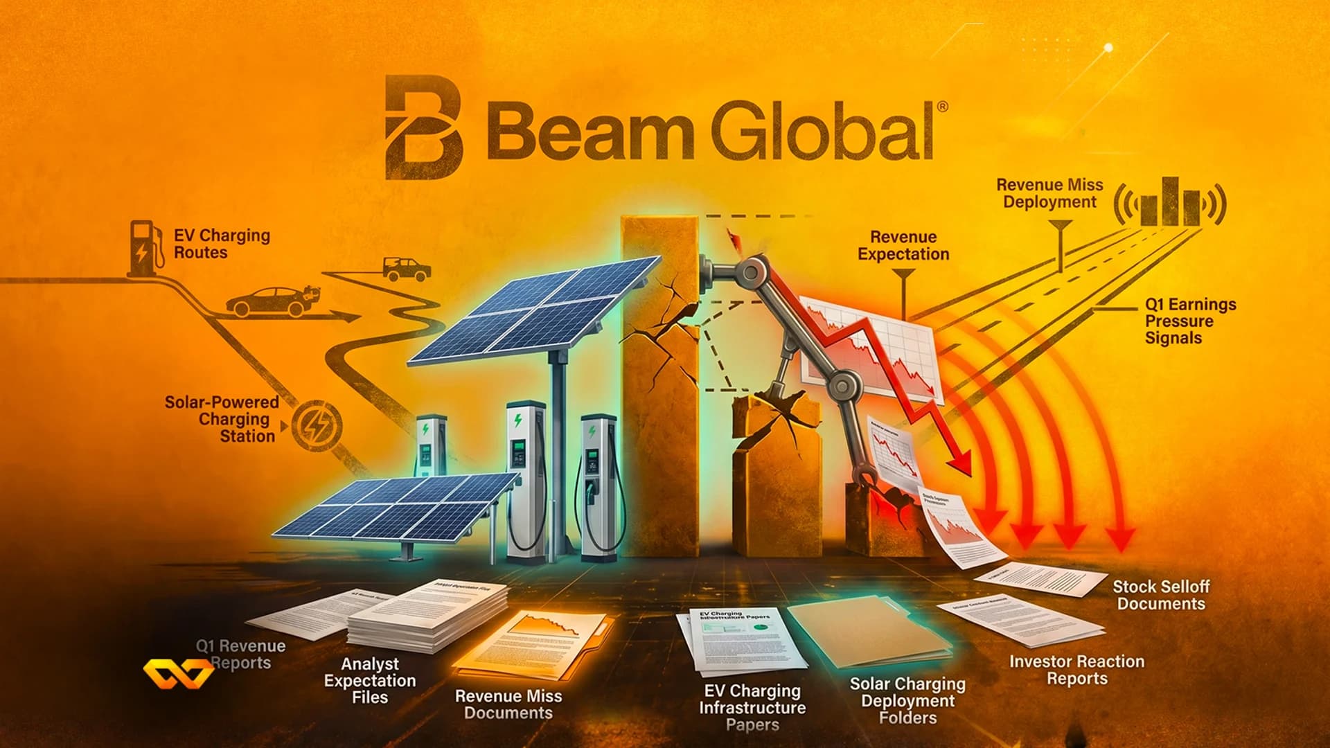 شعار Beam Global فوق ألواح شمسية وشواحن سيارات كهربائية وذراع آلي يحطم مخططاً بيانياً أحمر هابطاً.