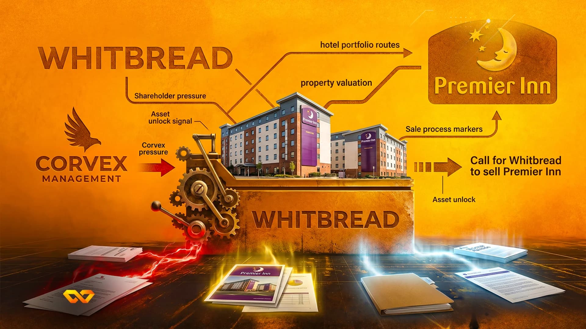رسم توضيحي لشعارات Whitbread وPremier Inn مع مبنى فندق وتروس ونصوص حول ضغوط المساهمين.