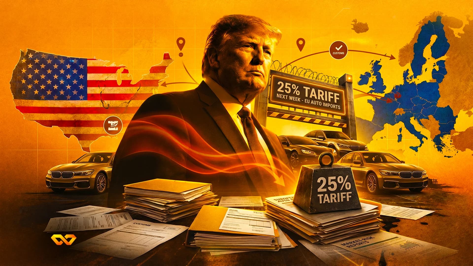 رسم توضيحي لدونالد ترامب مع علم أمريكا وخريطة أوروبا وسيارات وعلامات تشير لتعريفة جمركية بنسبة 25%.