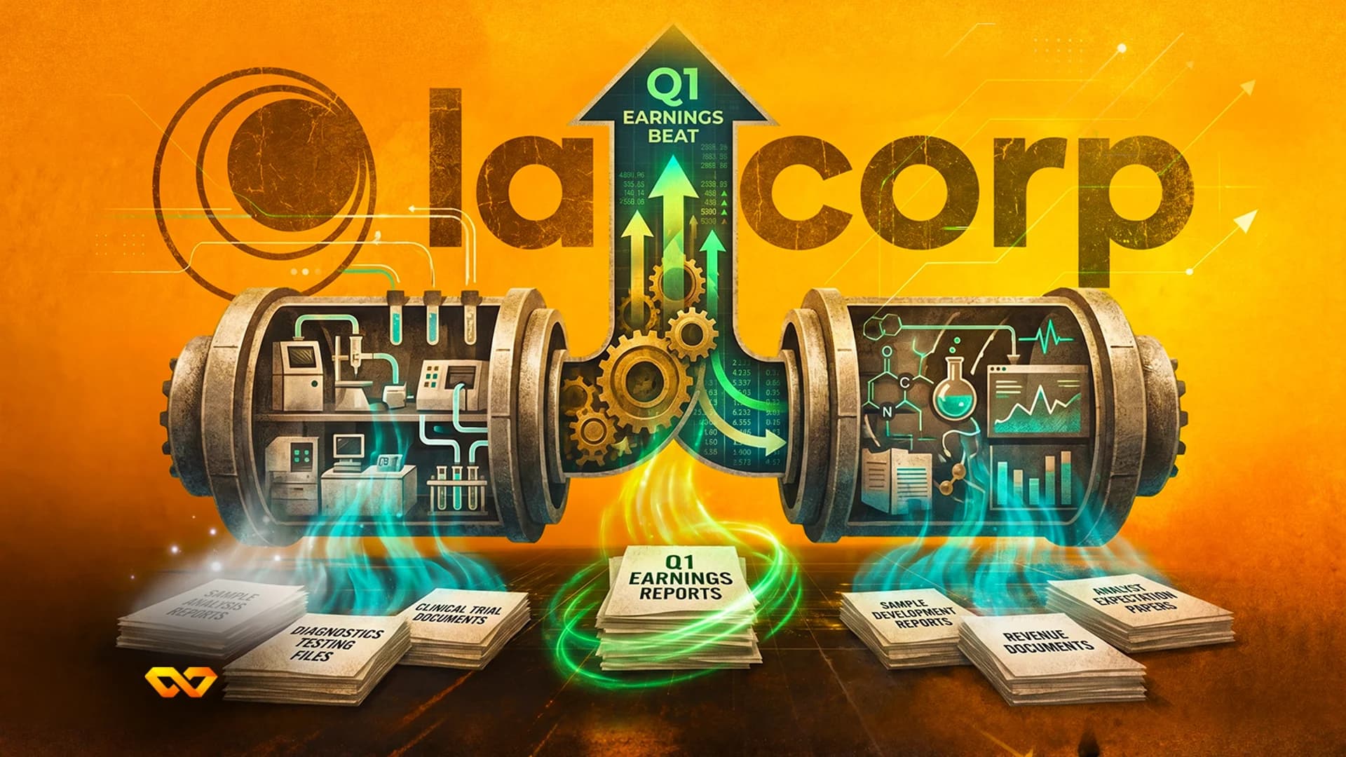 رسم توضيحي لآلة تعالج مستندات طبية وتتحول إلى سهم صاعد يشير إلى تفوق أرباح شركة Labcorp في الربع الأول.