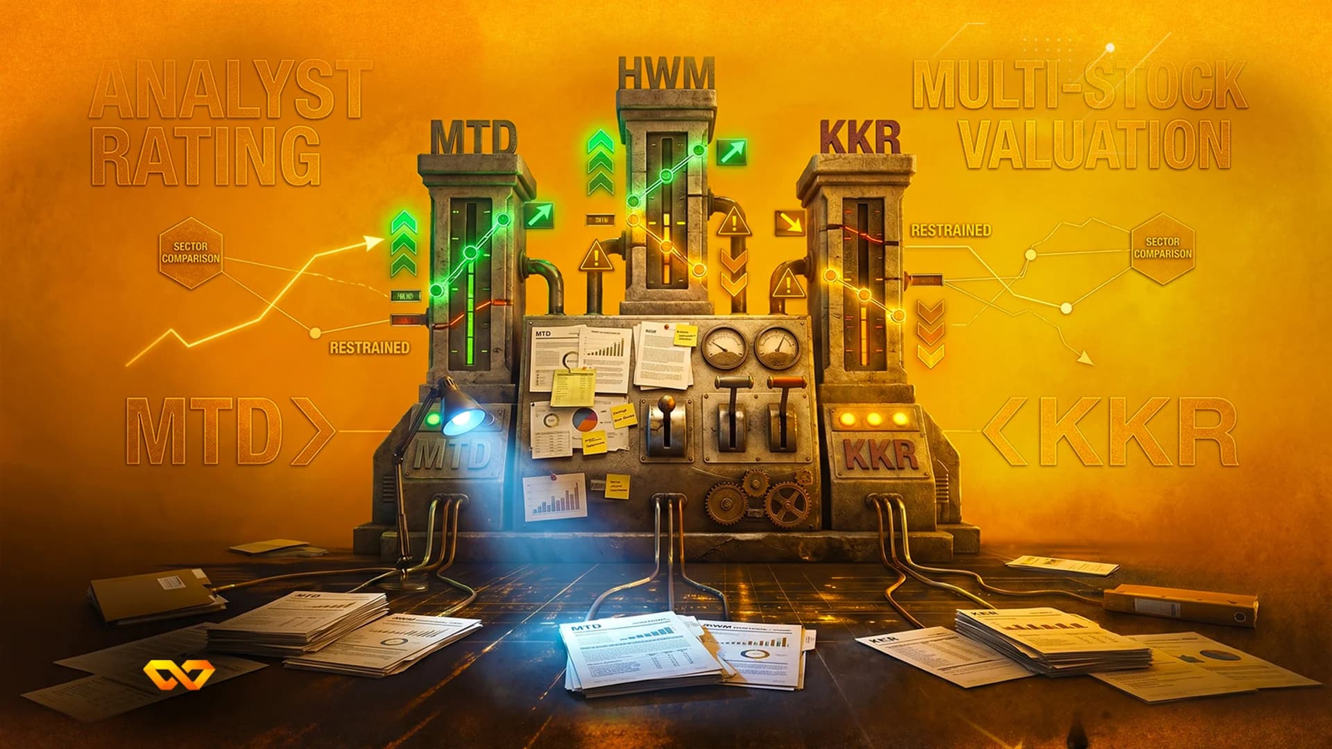 آلة بأسلوب ستيم بانك مع أعمدة تحمل رموز MTD وHWM وKKR، تضم رسوماً بيانية متوهجة ومقاييس وأوراقاً مبعثرة.