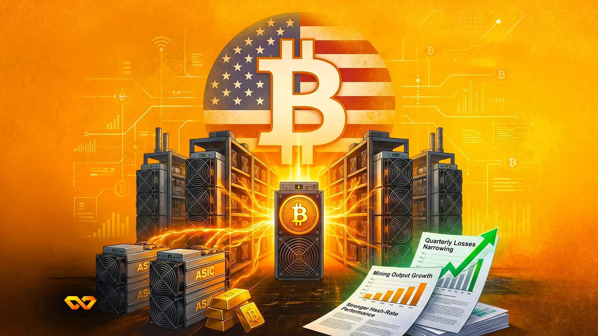 شعار بيتكوين فوق علم الولايات المتحدة مع أجهزة تعدين وتقارير مالية تظهر رسوماً بيانية للنمو.