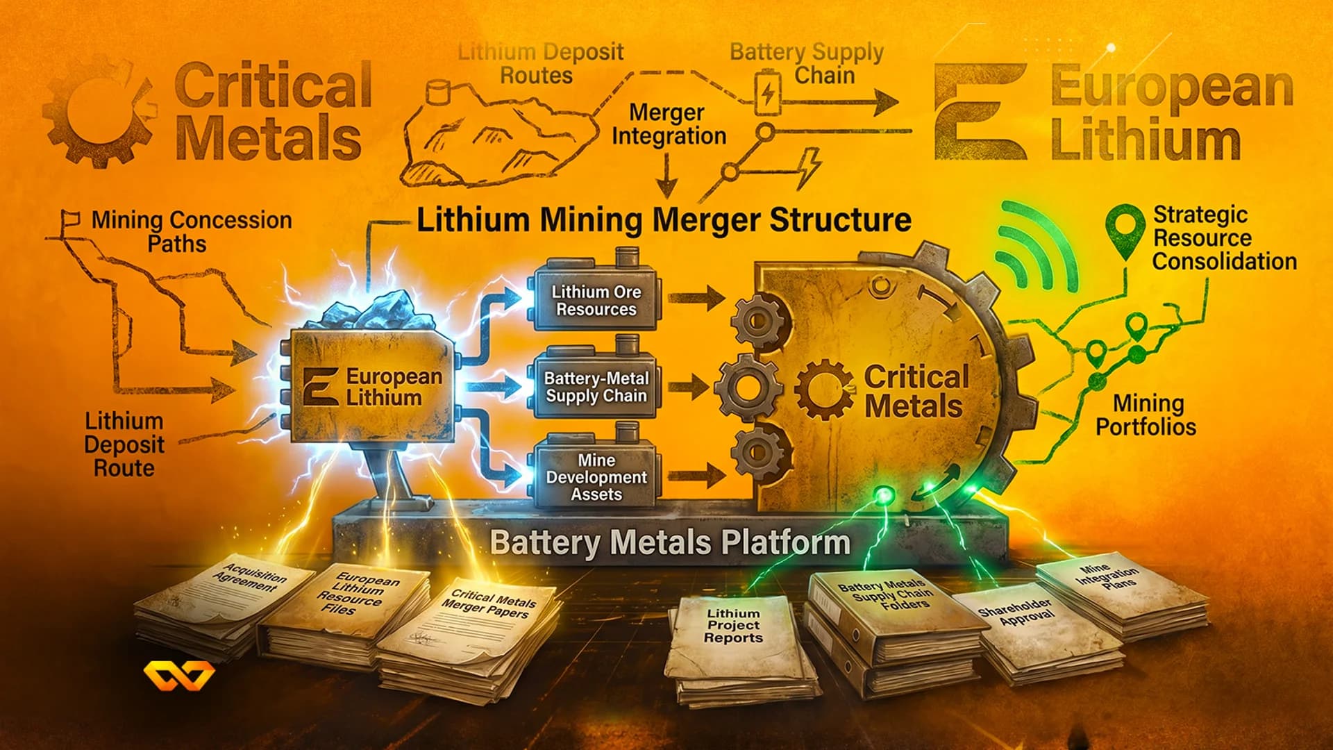 رسم بياني يوضح اندماج شركتي Critical Metals وEuropean Lithium مع تروس وخرائط وأكوام من المستندات.