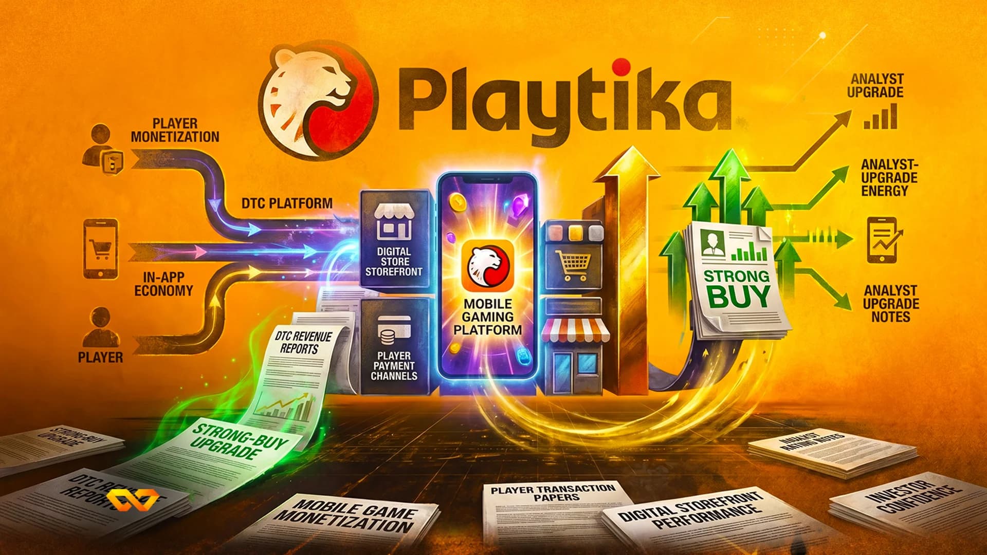 رسم توضيحي رقمي لشعار Playtika ومنصة ألعاب محمولة وأسهم صاعدة وتقارير محللين بعبارة 'شراء قوي'.