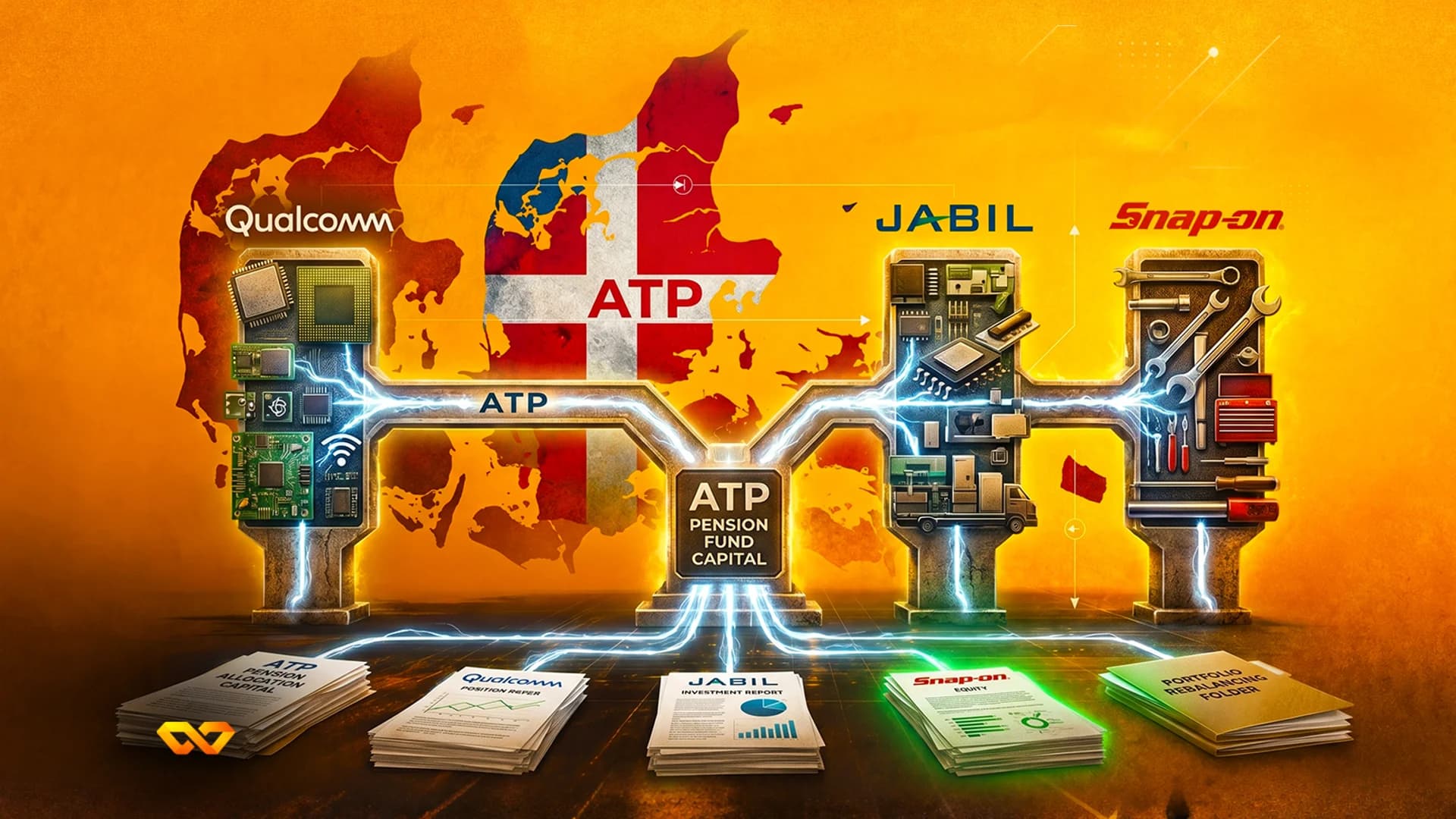 رسم توضيحي لصندوق تقاعد ATP يتصل بشعارات كوالكوم وجابيل وسناب أون فوق خريطة الدنمارك.
