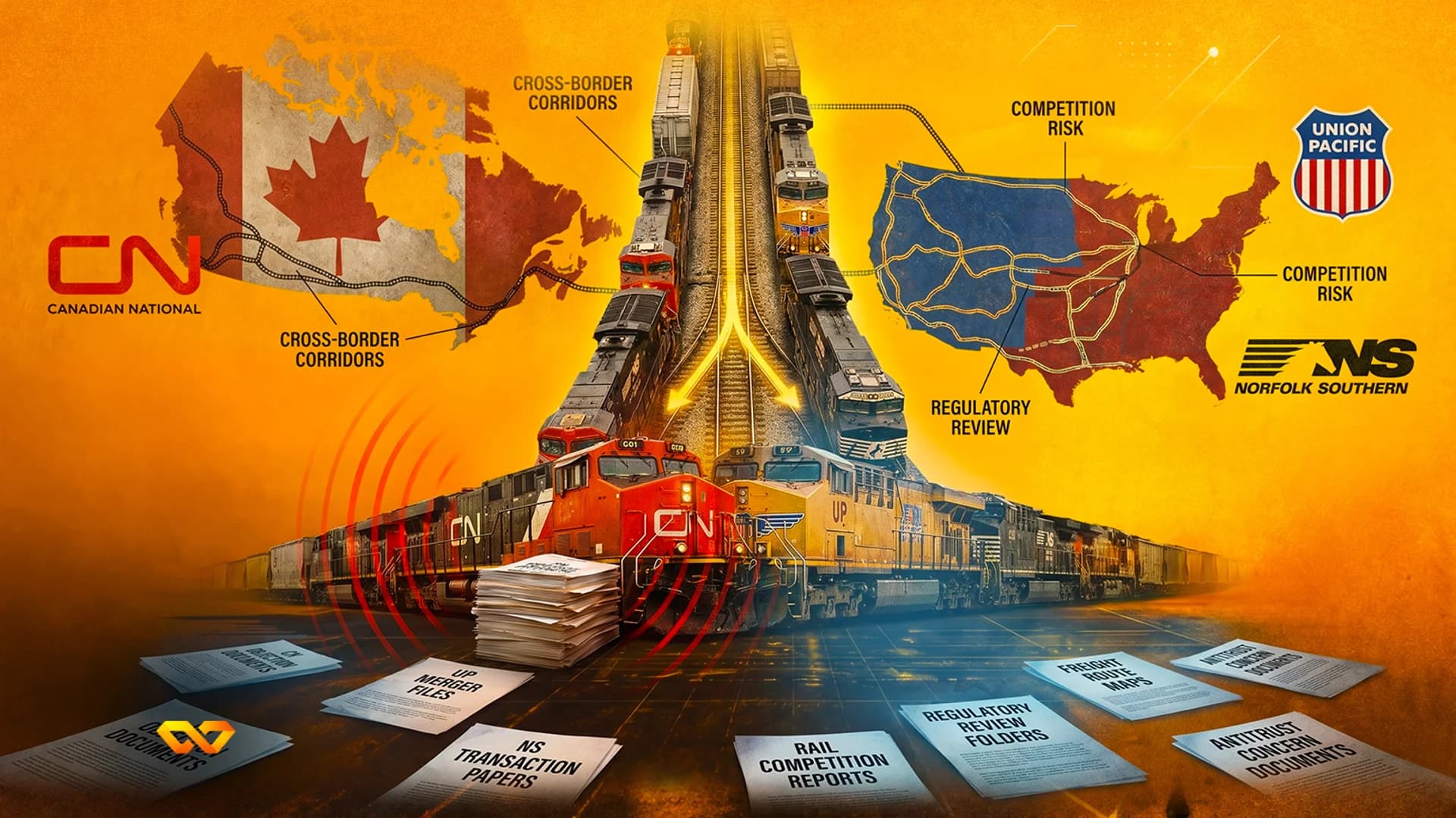رسم توضيحي لقطارات CN وUnion Pacific وNorfolk Southern مع خرائط لكندا والولايات المتحدة ووثائق قانونية.