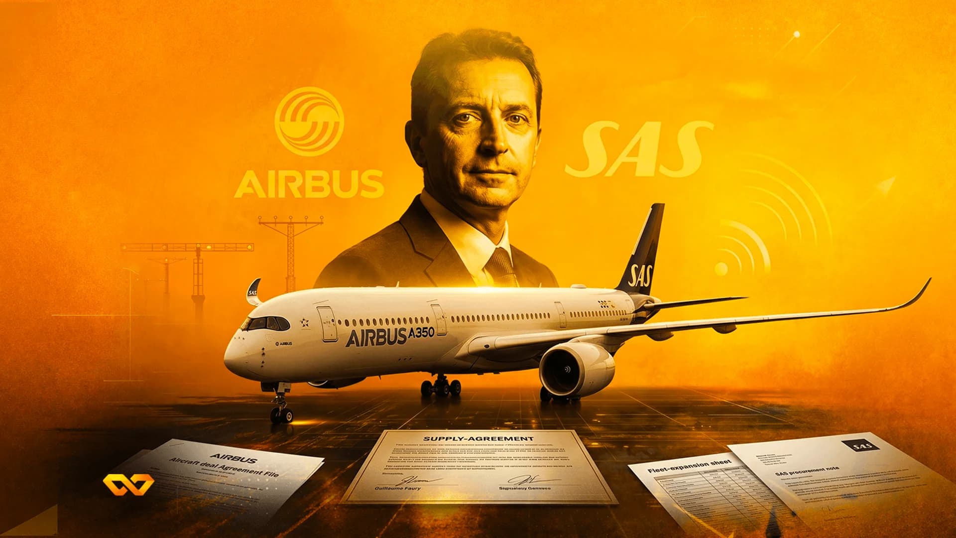 صورة لرجل فوق طائرة إيرباص A350 بشعار SAS، مع شعارات ووثائق عمل على خلفية برتقالية.