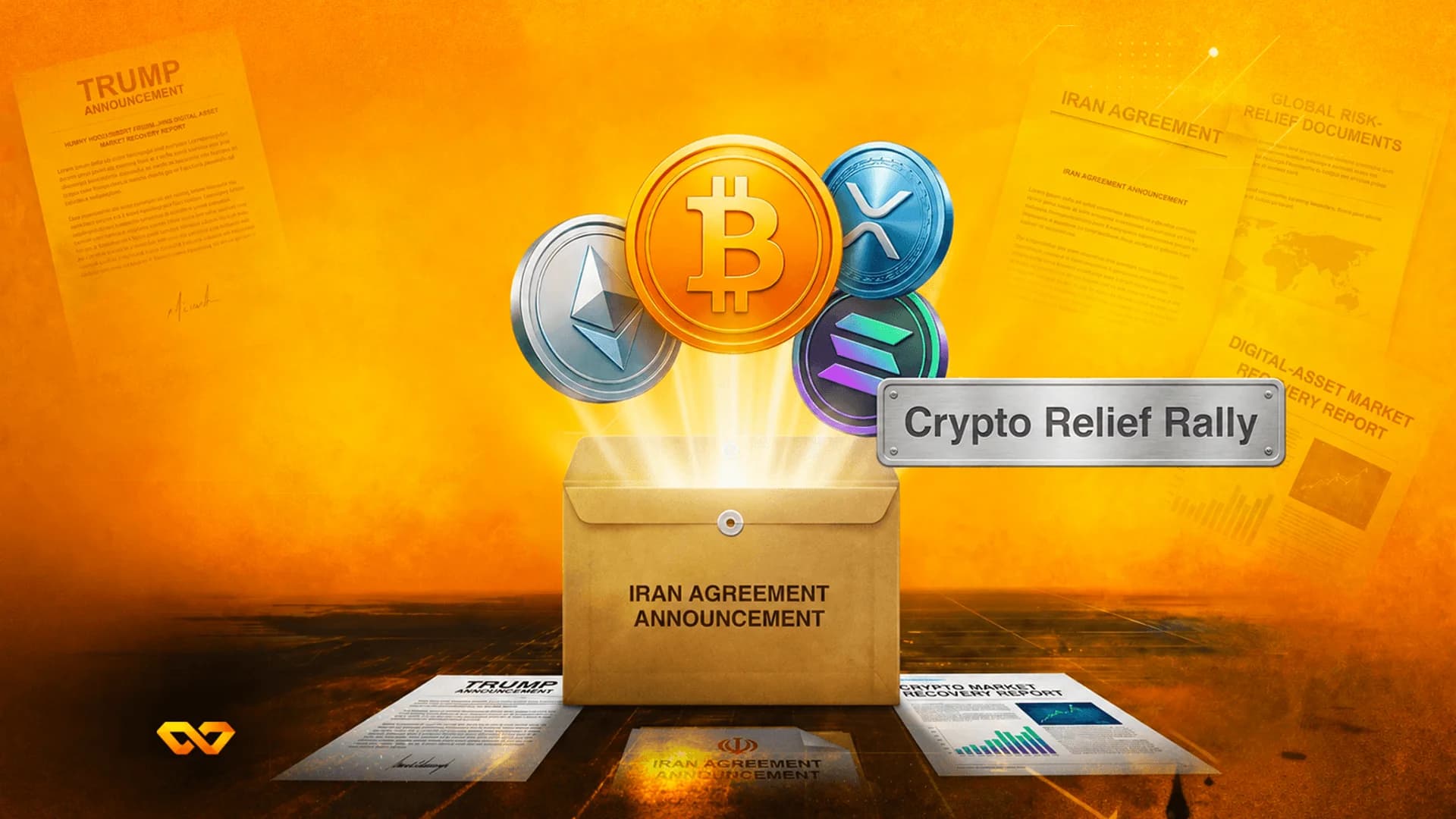 عملات مشفرة تشمل بيتكوين وإيثيريوم تخرج من صندوق يحمل ملصق إعلان اتفاقية إيران.