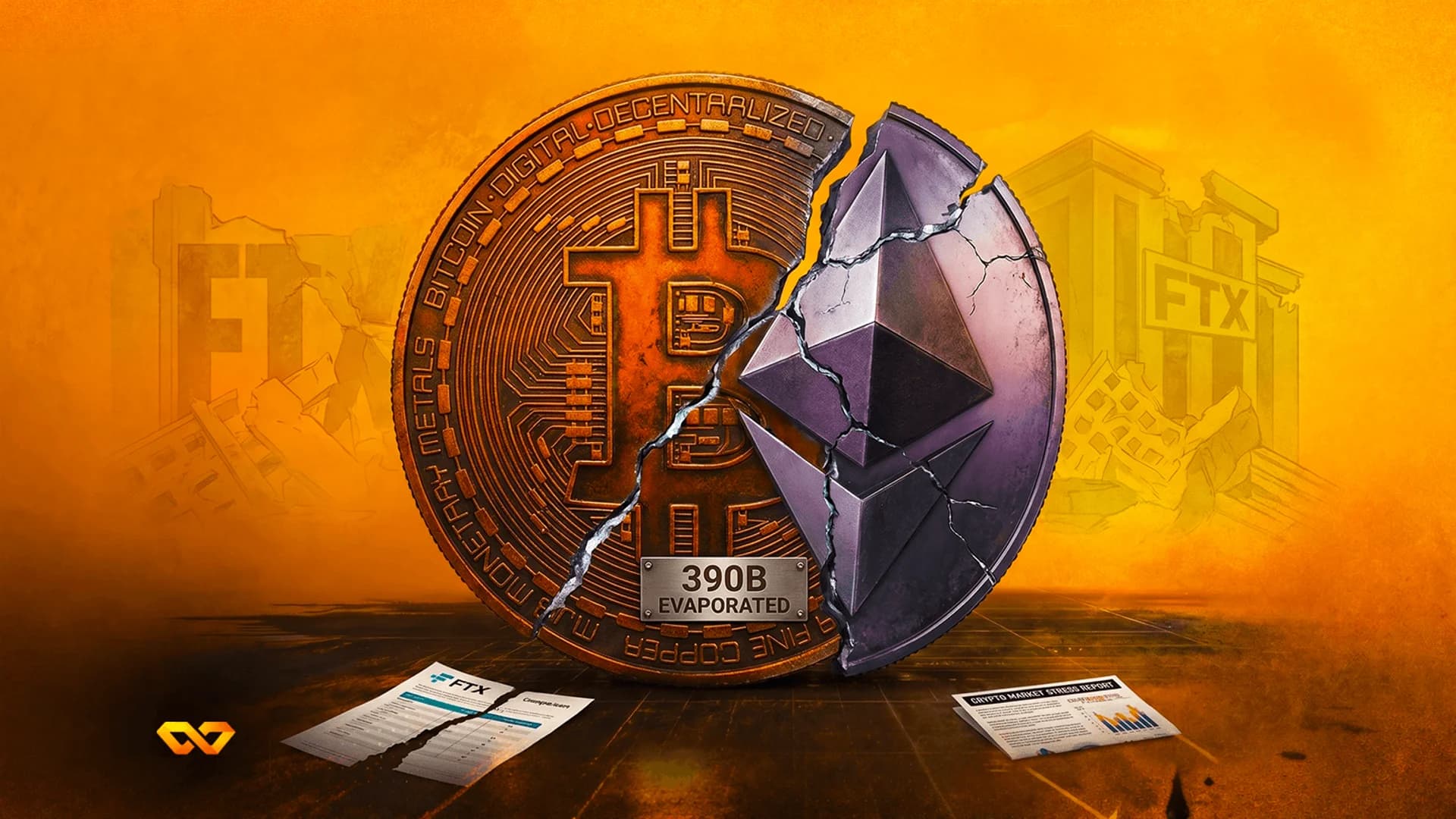 عملة مكسورة تظهر شعاري بيتكوين وإيثيريوم أمام مباني FTX المدمرة ووثائق ممزقة.
