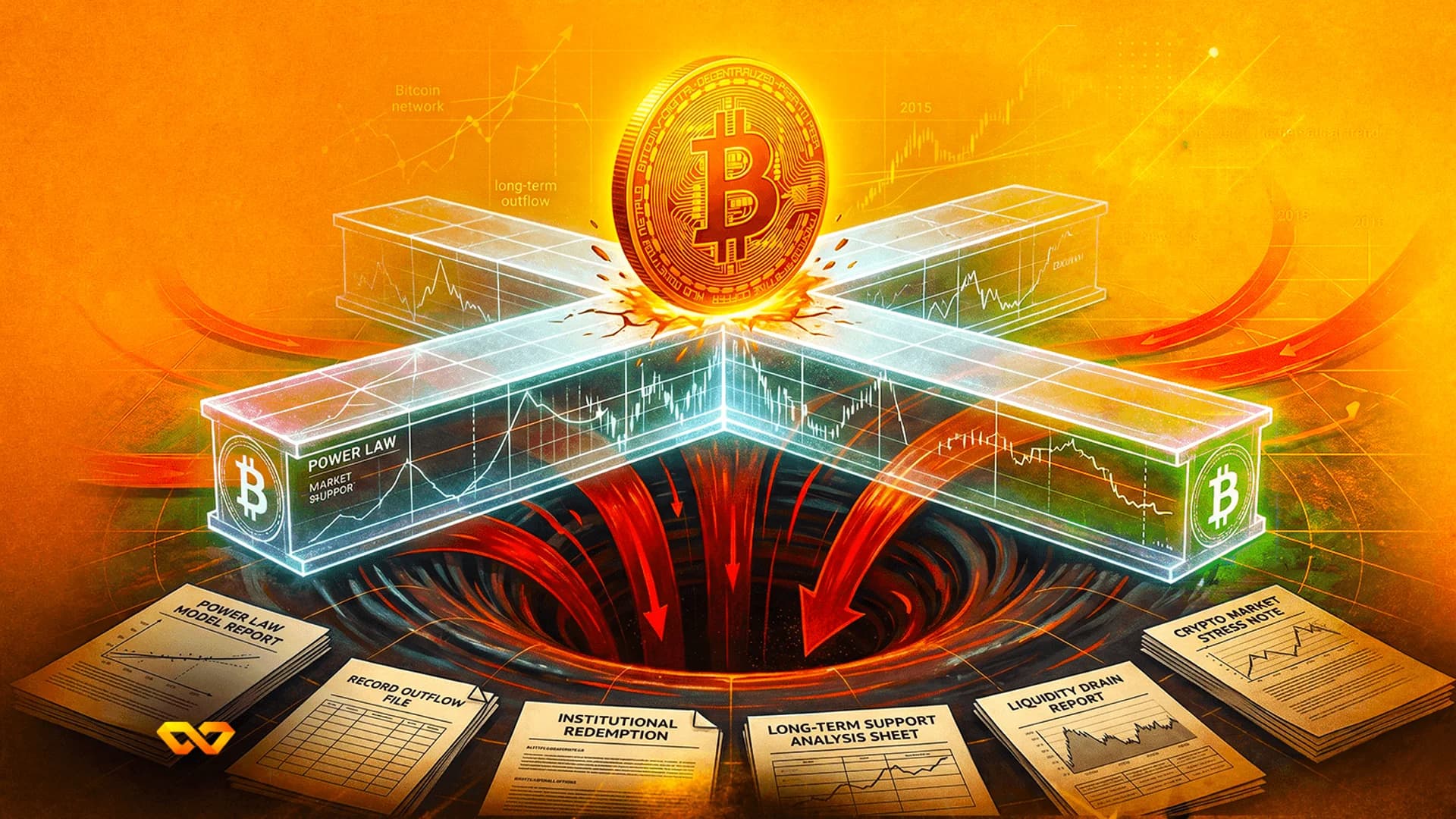 عملة بيتكوين ذهبية فوق هيكل مخطط متوهج يتم سحبه إلى دوامة مظلمة مع سهام حمراء تشير للأسفل.