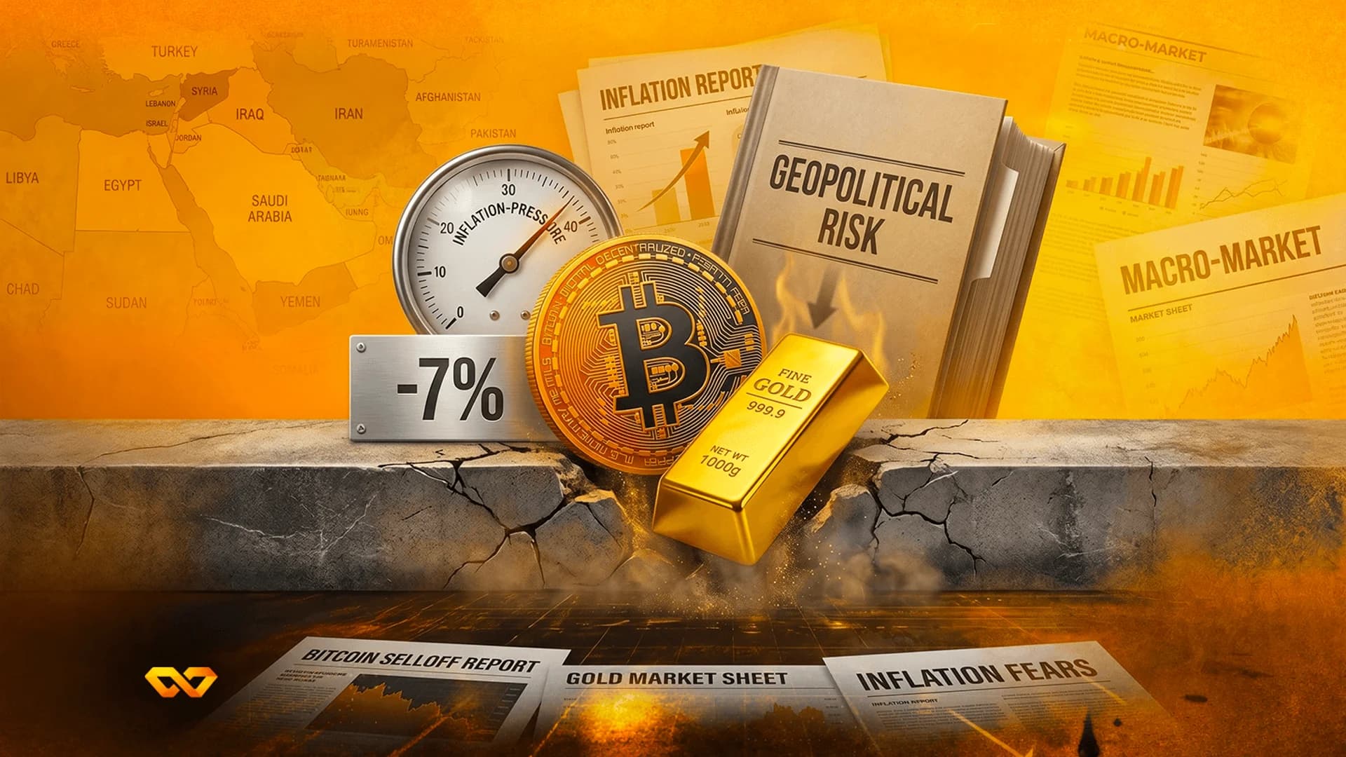 عملة بيتكوين، سبيكة ذهب، ومقياس تضخم على حافة خرسانية متصدعة أمام خلفية لخريطة الشرق الأوسط.