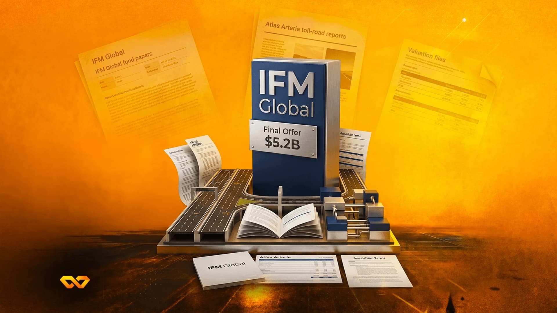 كتلة زرقاء تحمل شعار IFM Global مع عرض بقيمة 5.2 مليار دولار فوق نموذج طريق سريع مصغر محاط بمستندات.