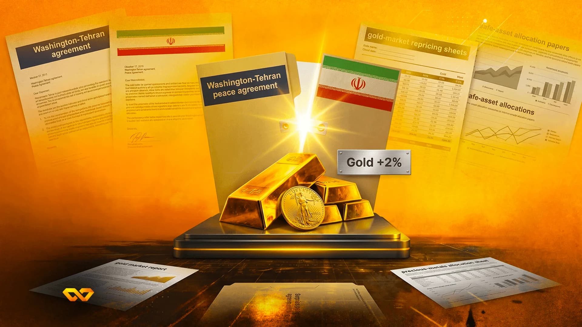 سبائك ذهبية وعملة معدنية على منصة محاطة بوثائق اتفاقية واشنطن وطهران وتقارير السوق.