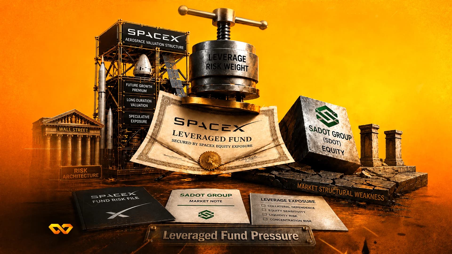 رسم توضيحي لمكبس معدني يضغط على وثيقة 'SpaceX' وسط رموز مالية ومبنى 'Wall Street' على خلفية برتقالية.