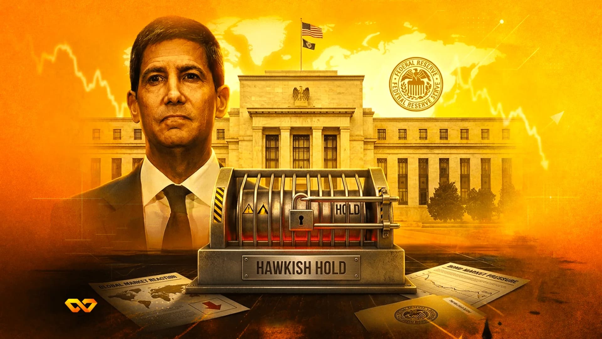 صورة لرجل ومبنى الاحتياطي الفيدرالي خلف قفص معدني مغلق يحمل عبارة Hawkish Hold على خلفية برتقالية.