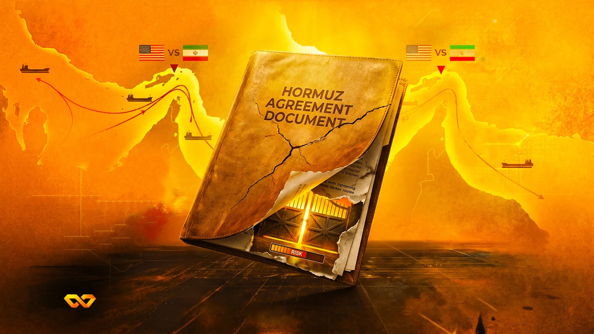 كتاب جلدي ممزق بعنوان وثيقة اتفاق هرمز فوق خريطة برتقالية لمضيق هرمز مع أعلام الولايات المتحدة وإيران.